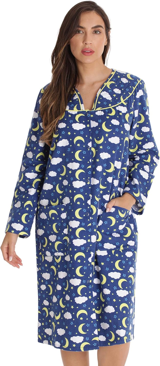 Dreamcrest Women’s Snap-Front House Coat Flannel Duster Robe with Pockets
