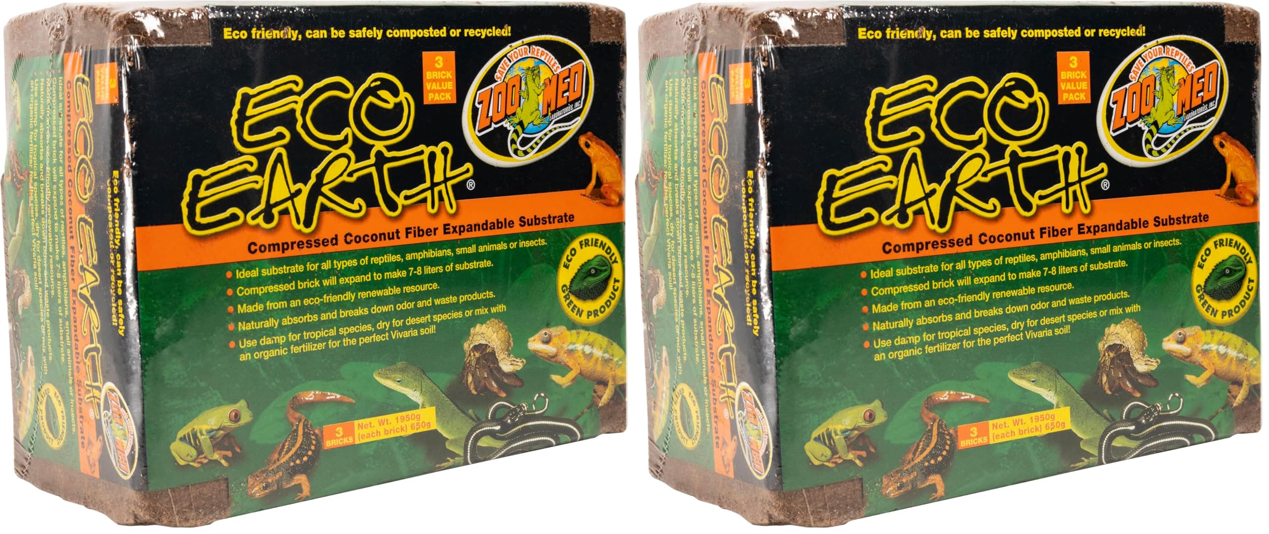 Zoo Med Eco Earth – Natürliches Kokosfaser-Substrat für Terrarien und Reptilien – für Amphibien, Reptilien und Insekten – kompostierbar und recycelbar (6er Pack)