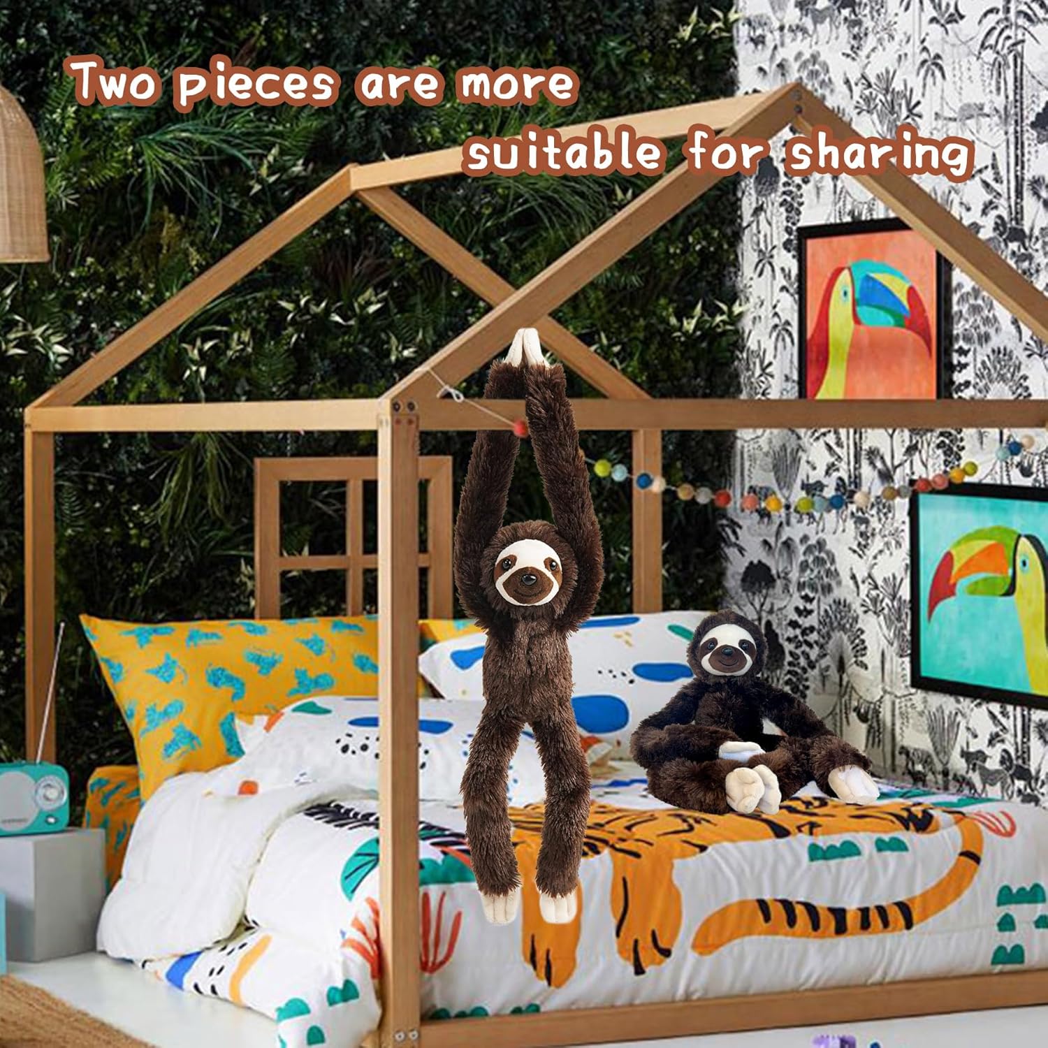 2 Pcs 20INCH realistic hanging plush animal-filled Sloth Toys with Hands and Feet and Parent-Child Knot, Sloth Soft Long Plush Jungle Party Decoration Curtain Storage Toys Stuffed Animals for Kids 4-8