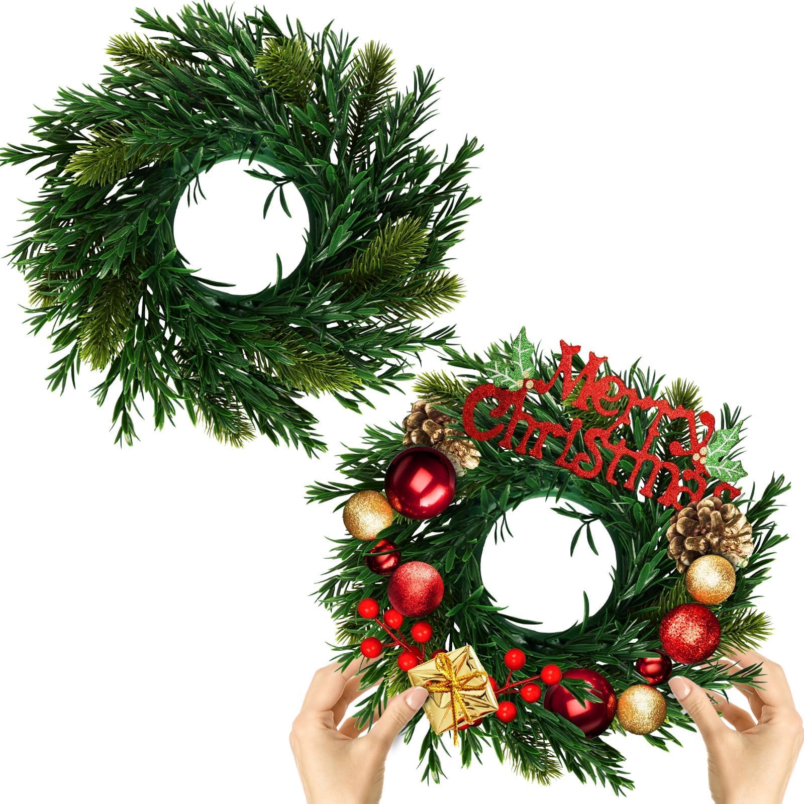 Photo 1 of 10 Pcs Christmas DIY Gree Wreath 10 Inch Green Artificial Wreaths DIY Faux Plain Wreaths Front Door Green Farmhouse Cabinets Wreath Indoor Outdoor Wall Decor(Willow Pine)