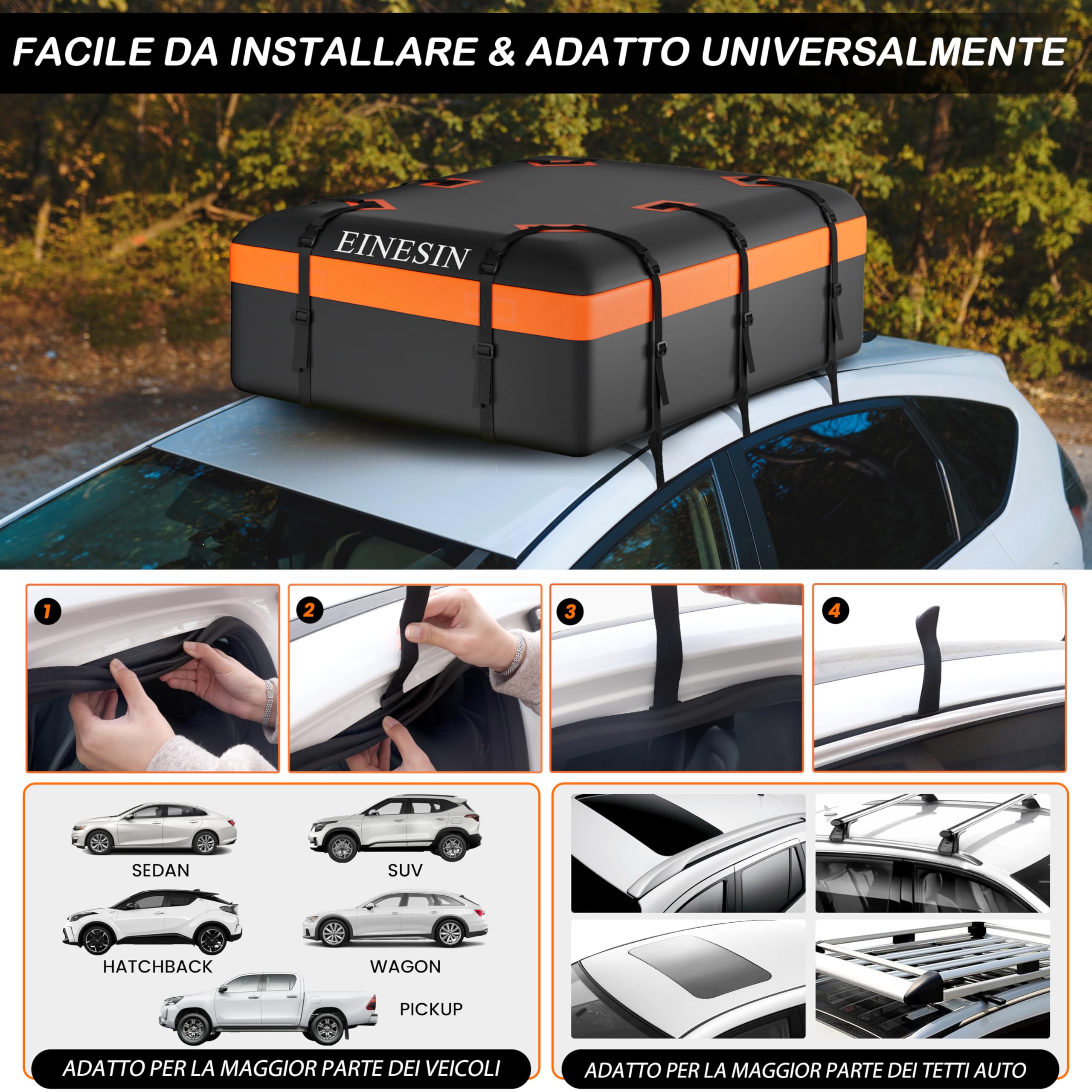 Box da Tetto Auto - Borsa da Tetto Impermeabile Portapacchi Pieghevole con Tappetino Antiscivolo Gancio Porta e Cinghie di Rinforzo, Box Tetto Auto per Auto con/senza Portapacchi (105x90x45cm)