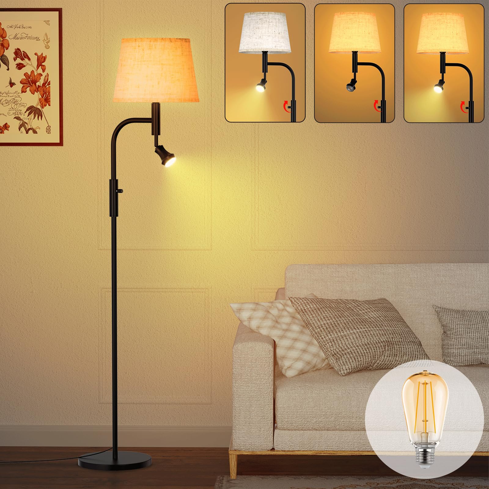 Hzitcigm Lámpara de Pie Salon, LED Lamparas de Pie con 5W Lámpara de Lectura Angulo Regulable Lampara Pie con Pantalla de Lino Interruptor Giratorio Luz de Esquina Lámpara para Dormitorio Salon, 165CM