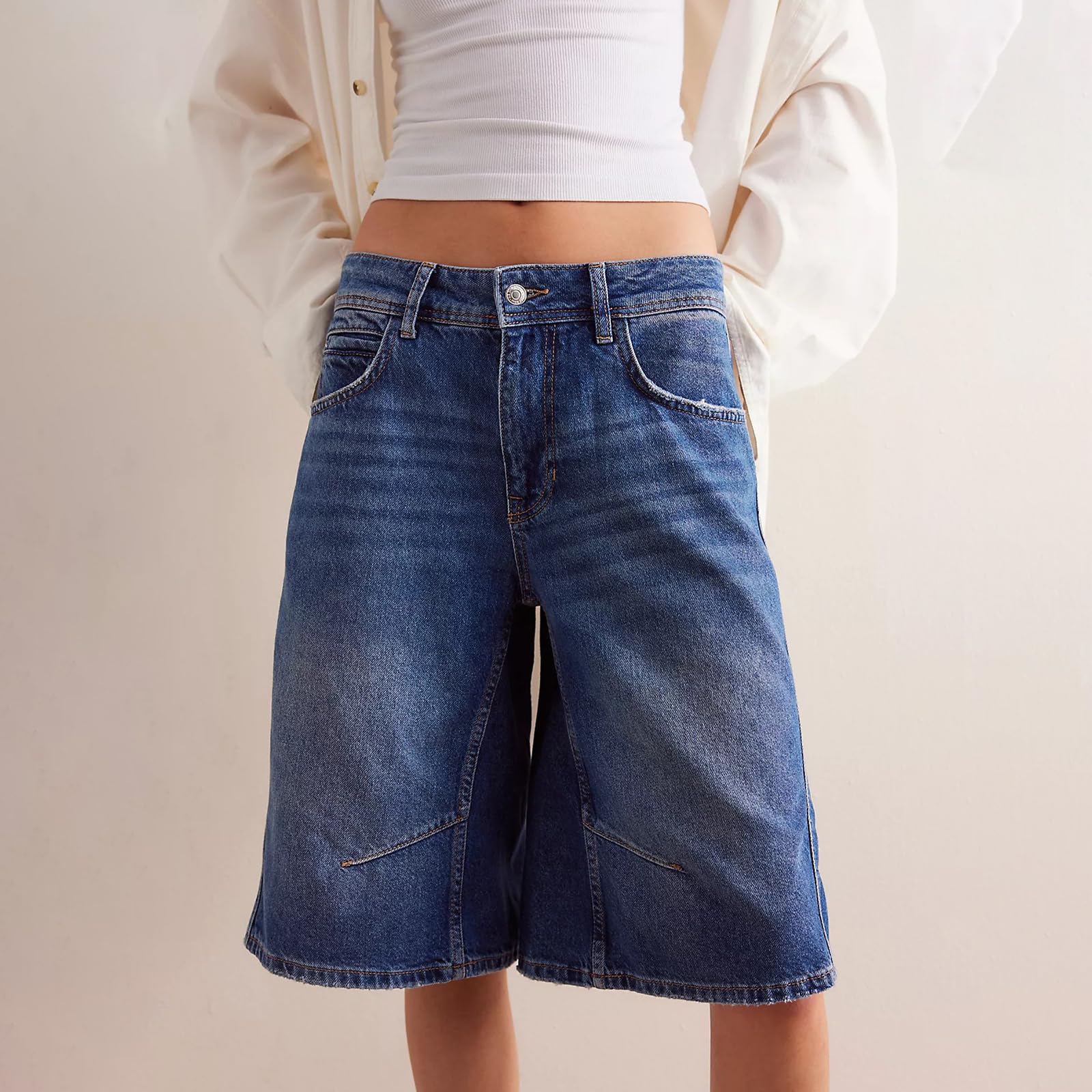 Short en jean ample pour femme - Longueur genou - Style décontracté - Motif cœur - Taille haute - Bermuda ample - Jambe large - Avec poches