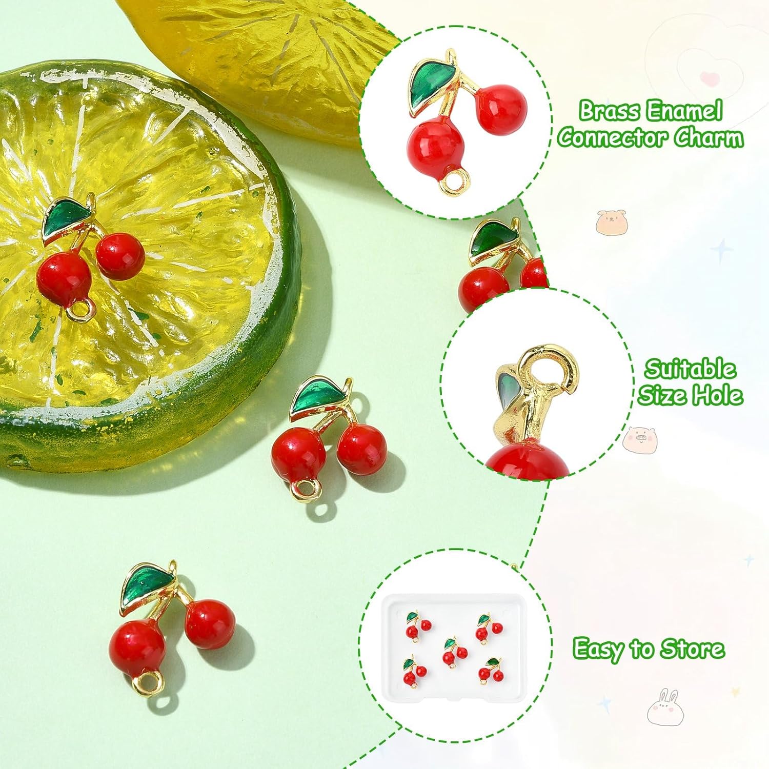 5Pcs Enamel Cherry Pendants Golden Brass Connector Charms Mini Fruit Food Cherries Charms for Necklace Bracelet Jewelry DIY Craft Making - Image 3