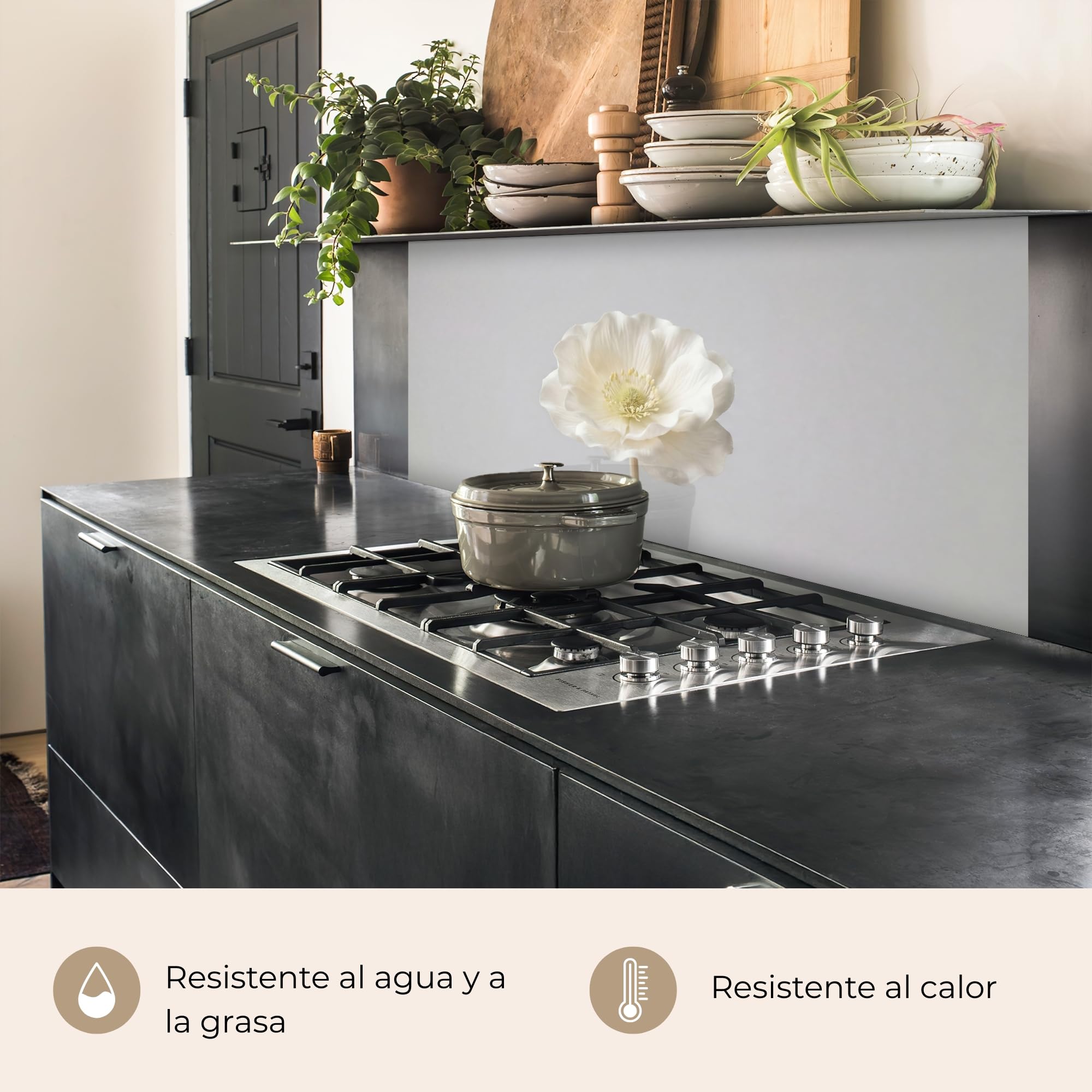 KitchenYeah© Antisalpicaduras Cocina 80x150 cm Adhesivo Salpicadero Protector Pared Salpicaduras Revestimiento Flor - Minimalista -Blanco