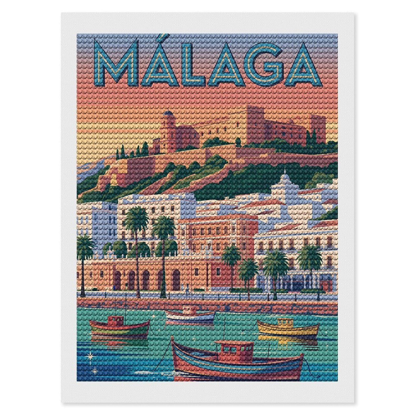 Junmoney Malaga Travel DIY Diamond Art Canvas Kit 12"x16", Simple to Start, Fun Craft Experience, Modern Decor, Gift Idea, Adhesive Canvas