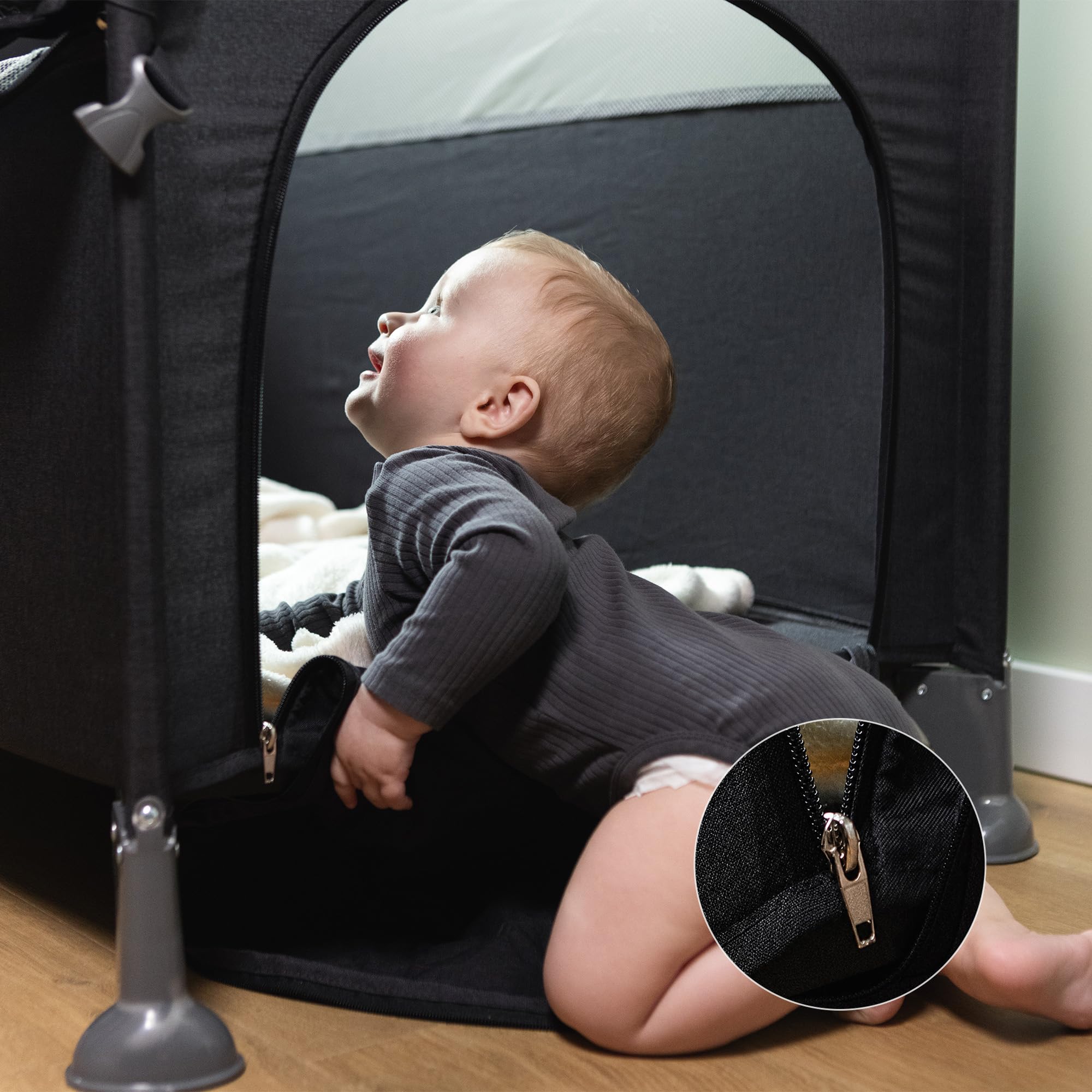 Stugan Baby Reisebett mit Beistellfunktion Babybett Wickelauflage Moskitonetz Matratze Seiteneinstieg Rollen Faltbar Tragetasche Für Zuhause Und Reise Schlafen Wickeln Dunkelgrau