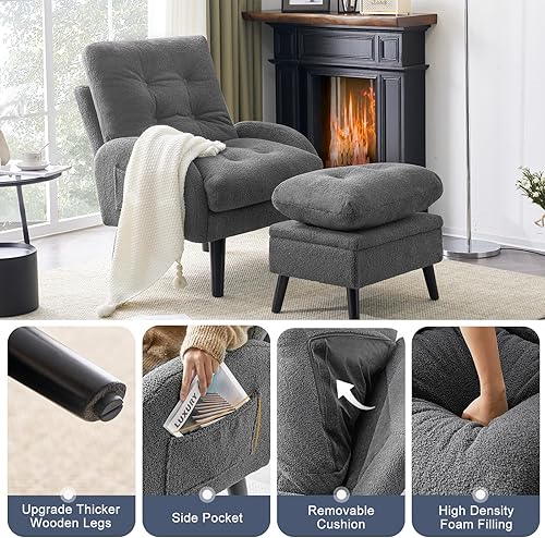 Miniatura 36 de Silla decorativa con respaldo ajustable otomano, silla de sala de estar tapizada con juego de reposapiés, silla moderna, acogedora silla reclinable