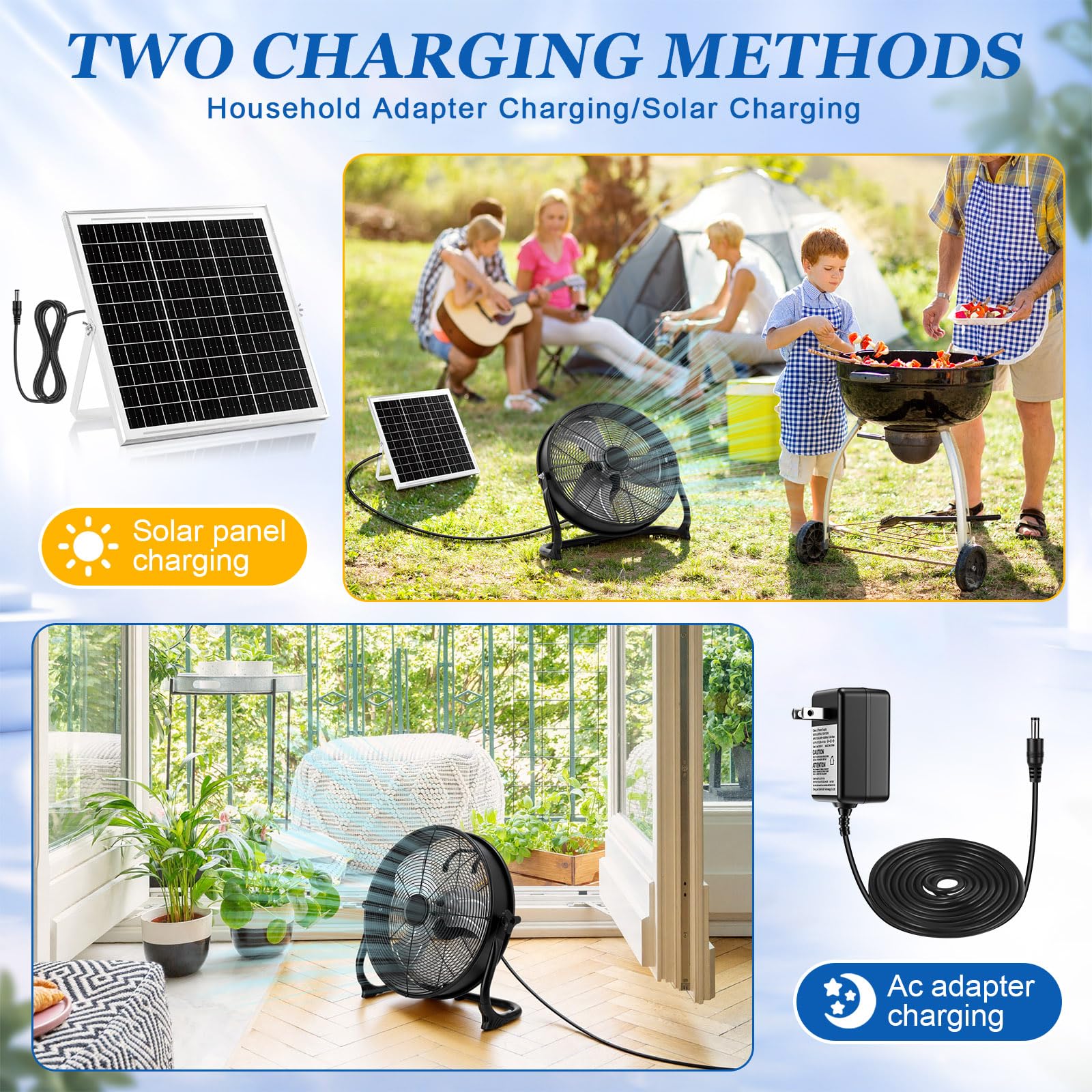 Hortsun 1 juego de ventilador de suelo de 12 pulgadas, 15600 mAh, alimentado por energía solar, negro, ventilador solar exterior, recargable, inalámbrico, inclinación de 360°, para invernadero