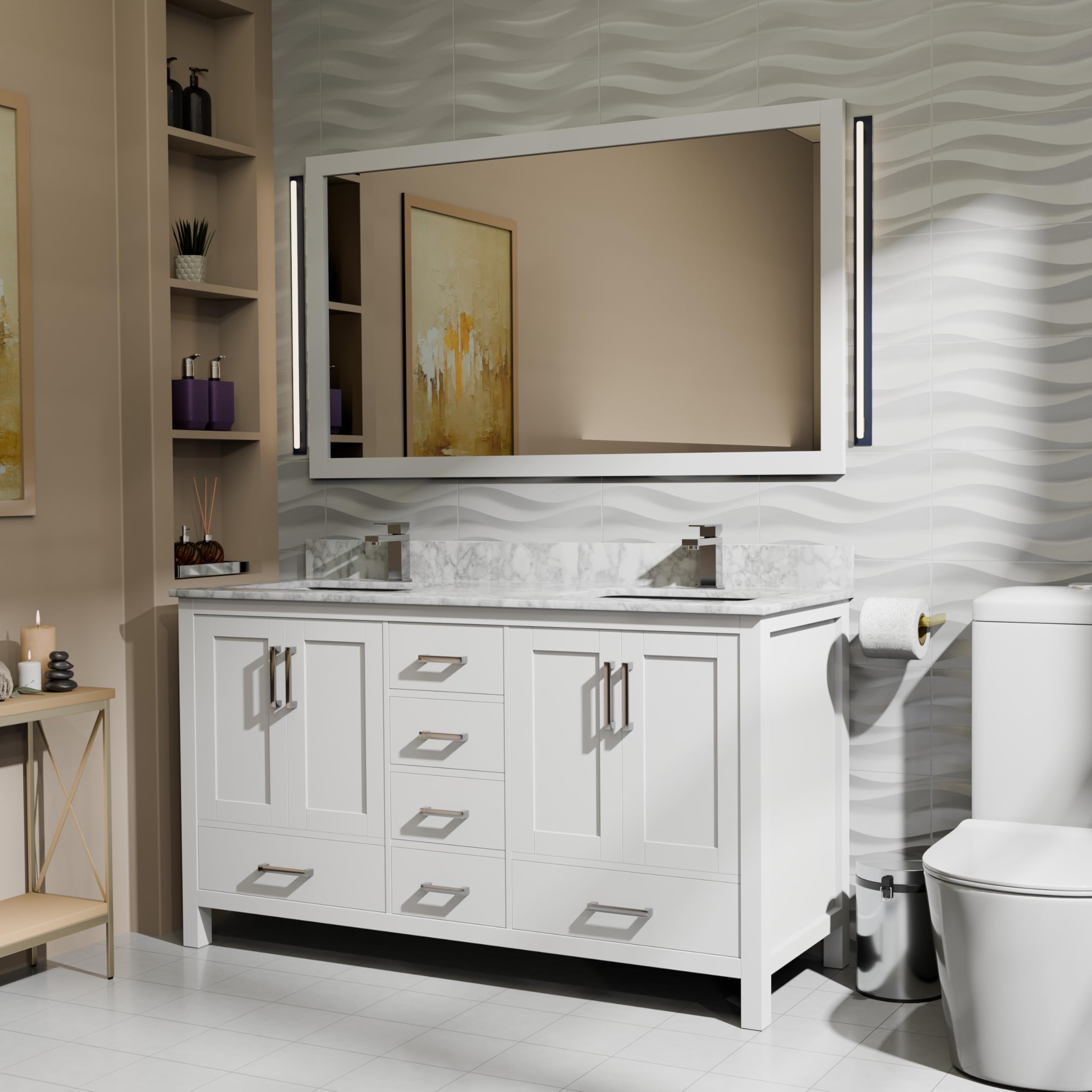 Big Sur 60 in. W x 22 in. D White Double Bath Vanity, Carrara Marble Top, Faucet Set and 58 in. Mirror