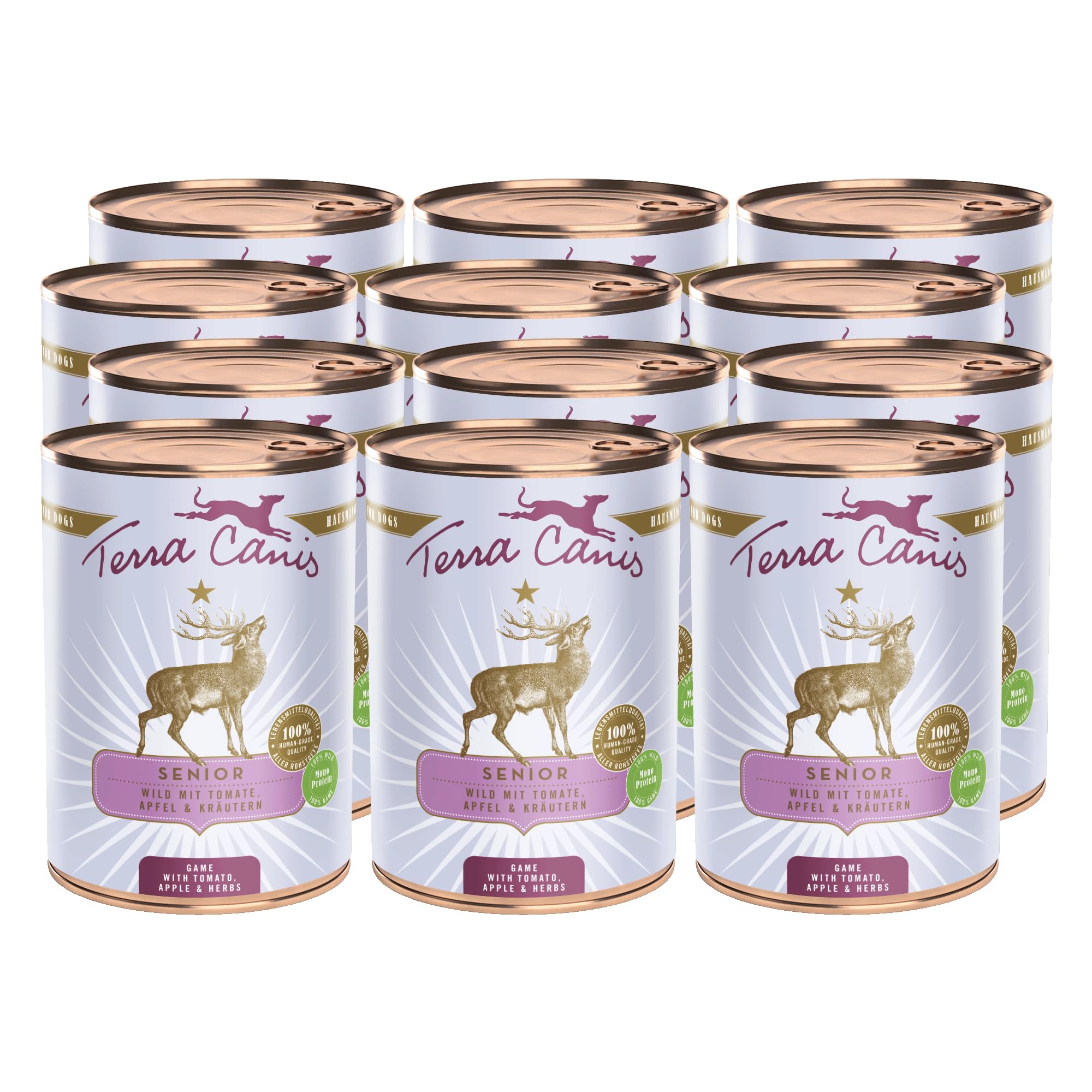 Terra Canis Venado con Tomate, Comida húmeda Senior para Perros, 12x400g | 100% calidad alimentaria de todas las materias primas, con hierbas medicinales, receta adaptada a la edad, bajo en cereales