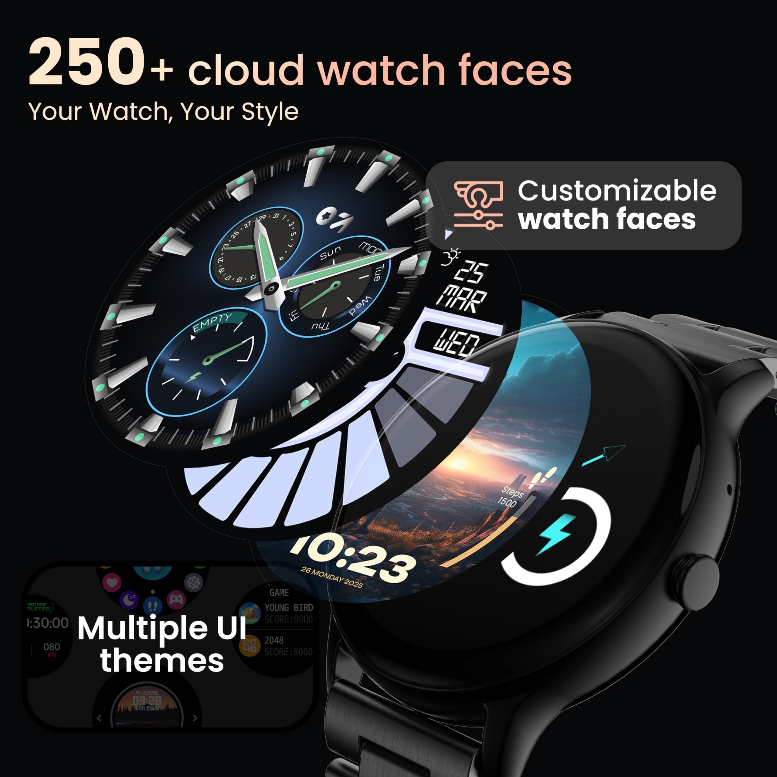 Boult Dire Smartwatch: zakrzywiony wyświetlacz HD 1,38 cala 2,5D, połączenia BT, jasność 500 nitów, IP67, ponad 250 tarcz zegarków, ponad 120 trybów sportowych, asystent głosowy AI, monitorowanie SpO2