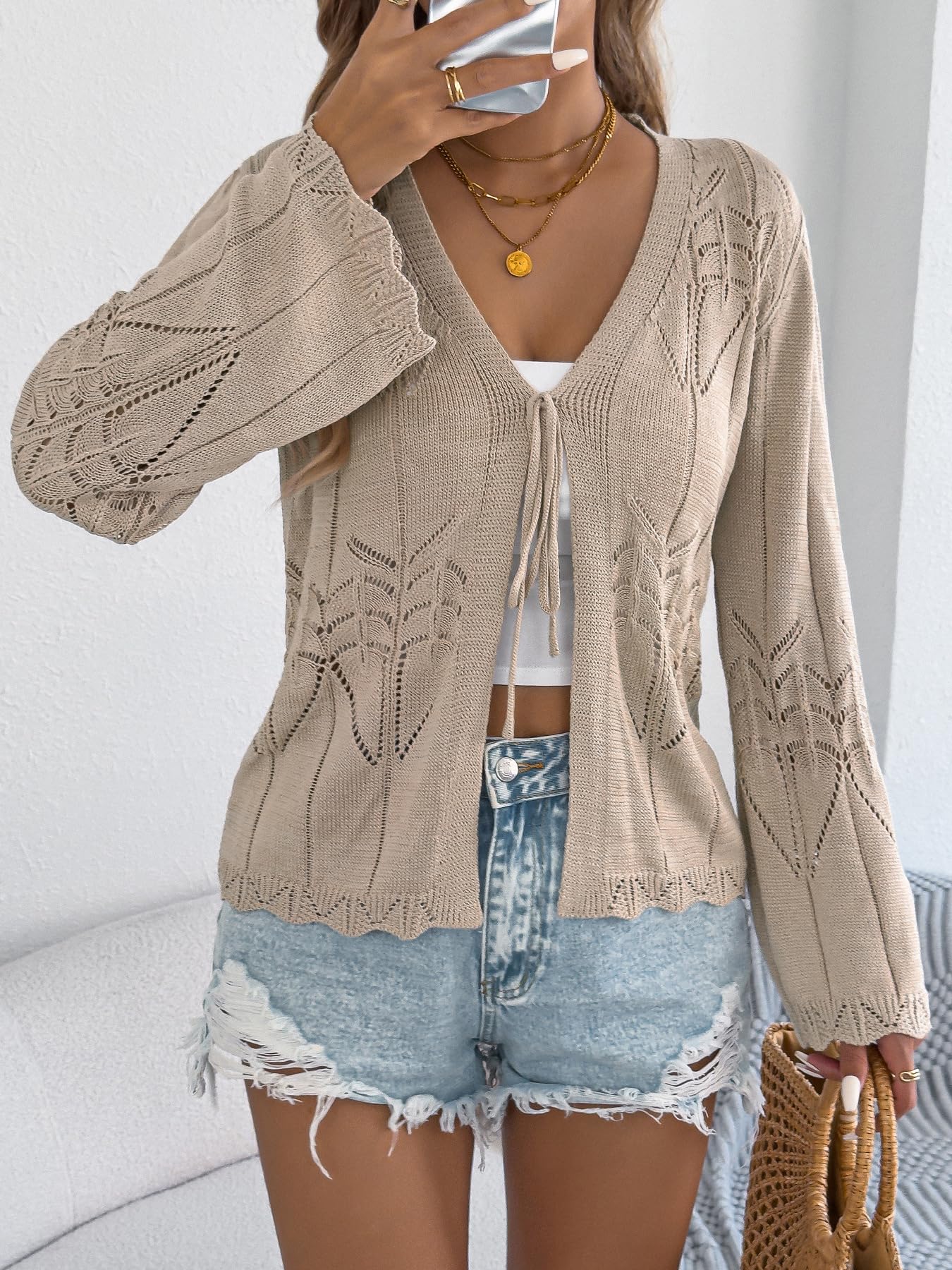 Damen Häkelcardigan Leichte Krawatte Vorne V Ausschnitt Pullover Cardigan Langärmellige Hohle Sommer Überziehjacke für Strandurlaub Im Alltag