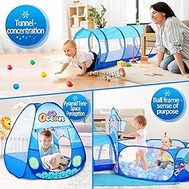 3 in 1 Kids Play Tent with Play Tunnel, Ball Pit, Projection Flashlight for Boys & Girls, Toddler Pop Up Playhouse Toy for Baby Indoor Outdoor