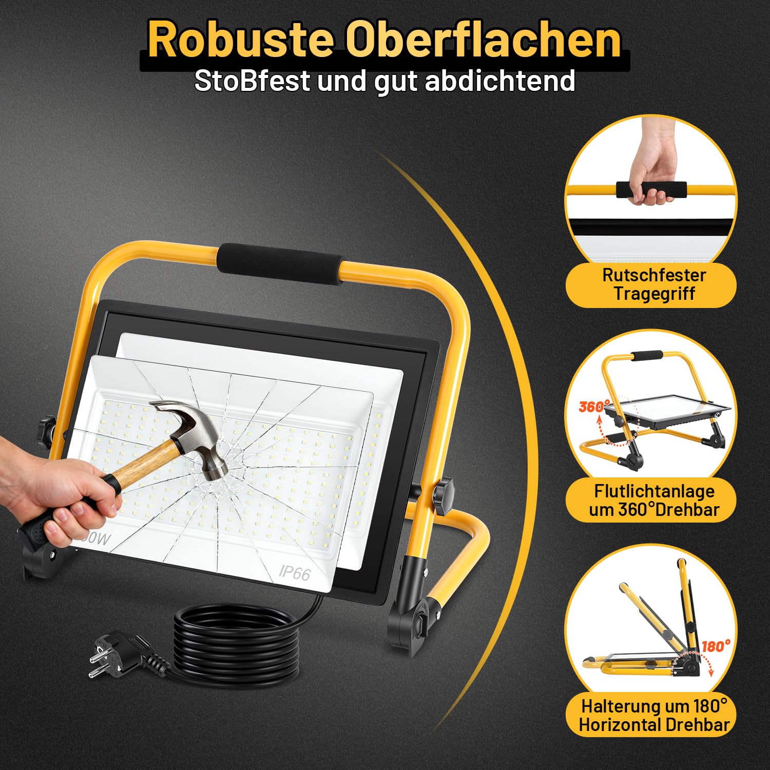 1 x reflektor budowlany LED, 200 W, 12000 lm, IP66, kabel 3 m