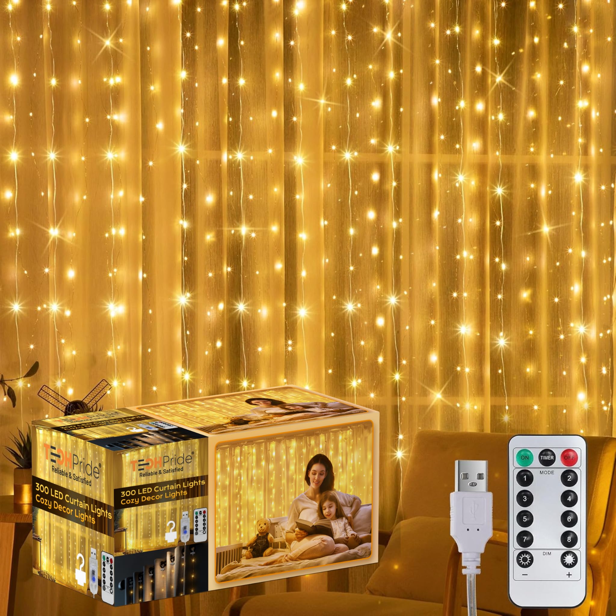 TechPride 300 LED Curtain String Light | Warm White Fairy Lights with Plastic Hooks & Remote | 8 Lighting Modes | Indoor Outdoor Decoration Lights for Diwali, Wedding, Wall, Balcony, Party, Home Décor