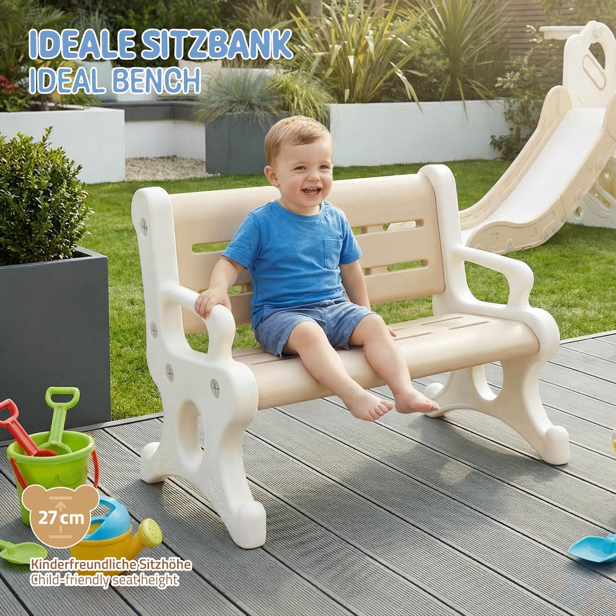 Joyz Banc Enfant Extérieur en Plastique, 2 Places, Dès 3 Ans, Marron et Blanc, avec Accoudoirs, Protection Anti-Basculement & Système d'Emboîtement, Résistant aux Intempéries, 81,5 x 59,5 x 48 cm