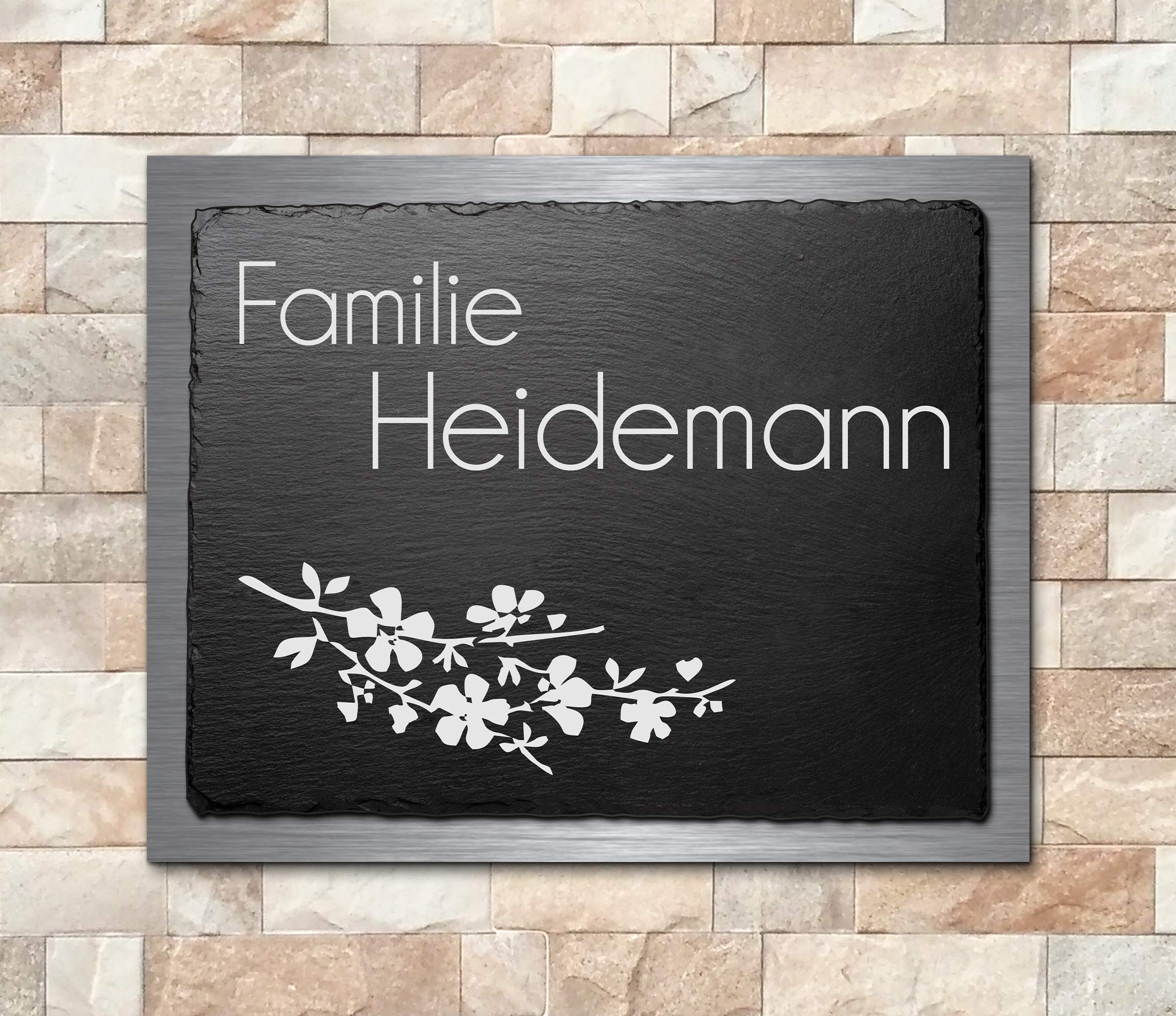 Premium Hausnummer und Namensschild aus einzigartigem Schiefer und V2A Edelstahl mit Gravur Straßennamen Zahlen Ziffern, Namen sowie Zusätze und Motive Größe: 20x16 cm Schiefer Hausnummern