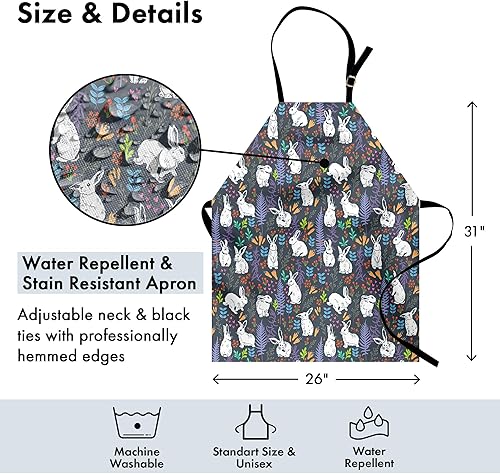 Miniatura 4 de Lunarable Delantal de conejo, conejitos blancos entre hojas, ramas, flores y zanahorias, ilustración en color pastel, babero de cocina unisex con