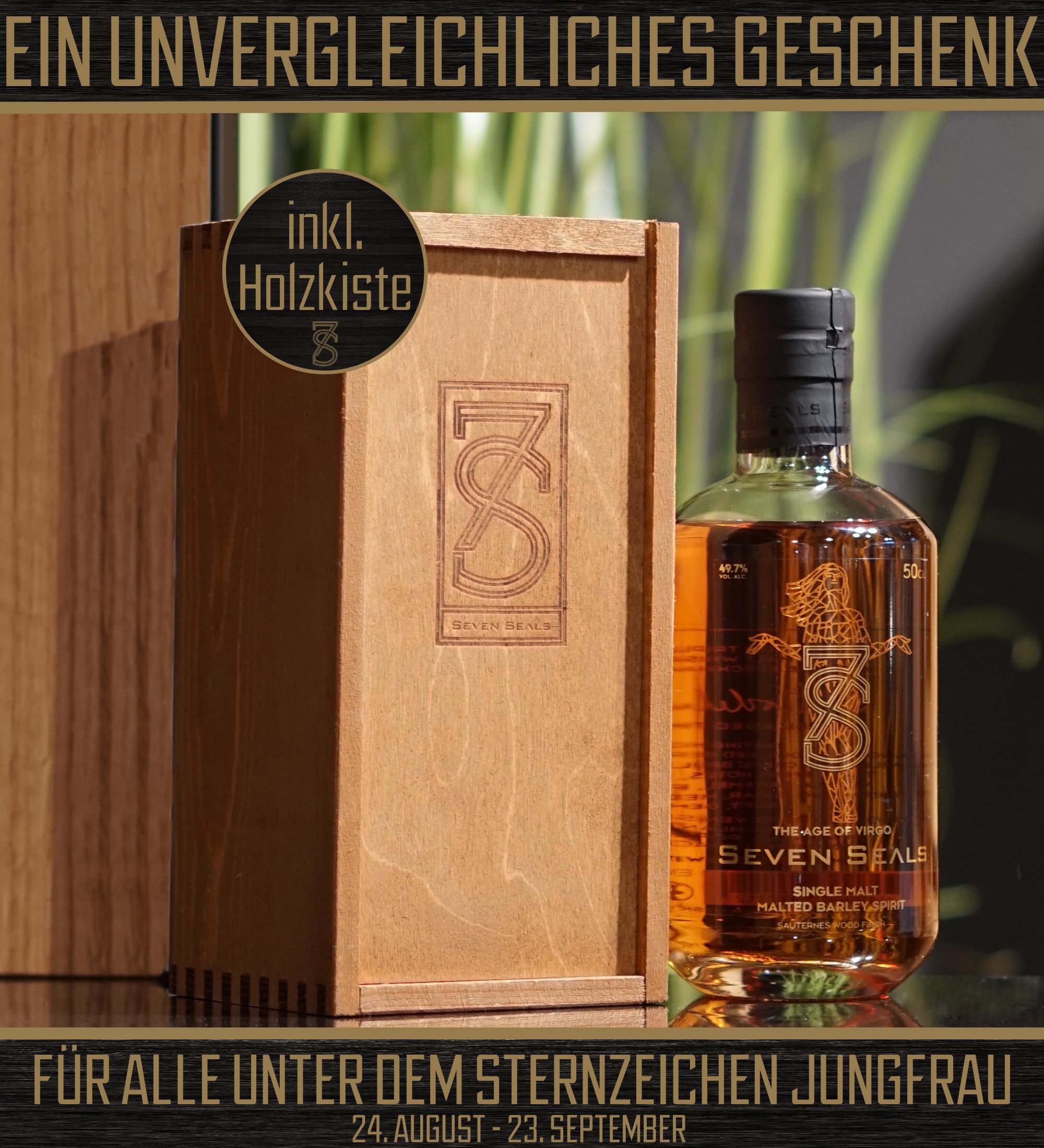 Seven Seals - The Age of Virgo Premium Single Malt 0,5 I Geschenkset mit Holzbox | Weinig/Beeriges Aroma | Geschmack von Beeren & Zitrusnoten |Passendes Geschenk für Sternbild Jungfrau | 49.7% Alkohol