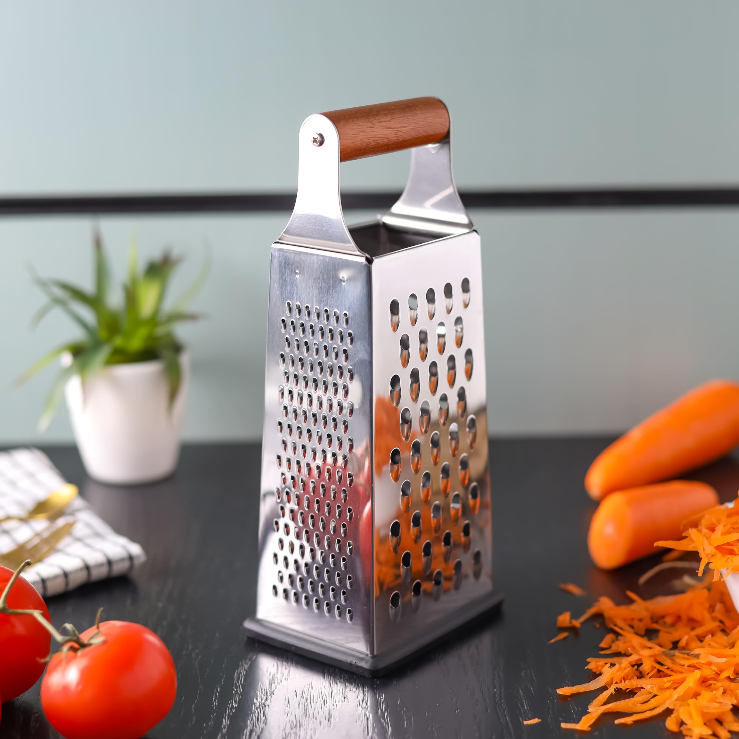 Delcasa DC3189 Stainless Steel 4-Sided Grater with Wooden Handle, Silver