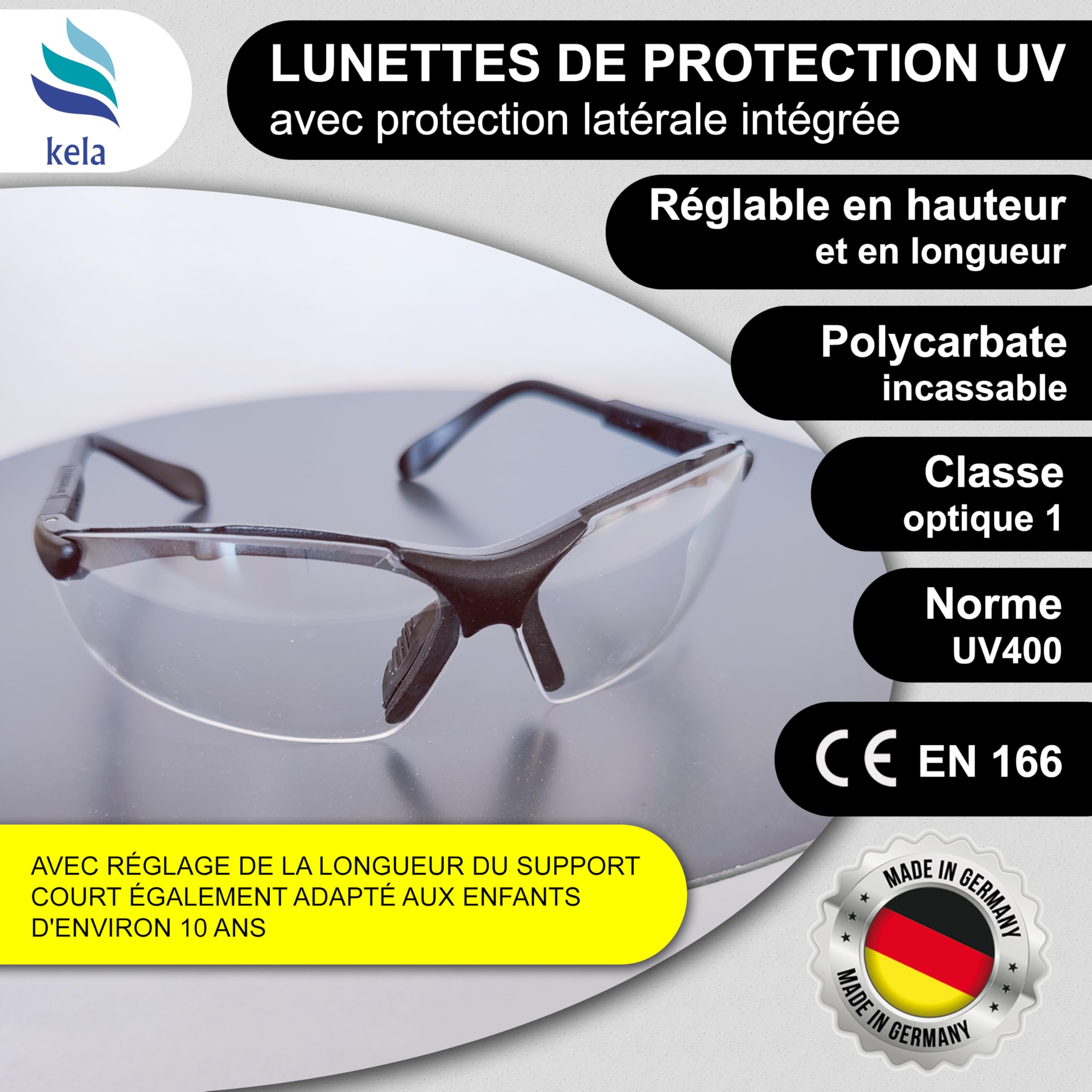 kela 12x Lunettes de protection SKY I Fabriqué en Allemagne | Lunettes de sécurité sans éclats avec revêtement anti-buée I branches de lunettes réglables | légères et transparentes lunettes de sport