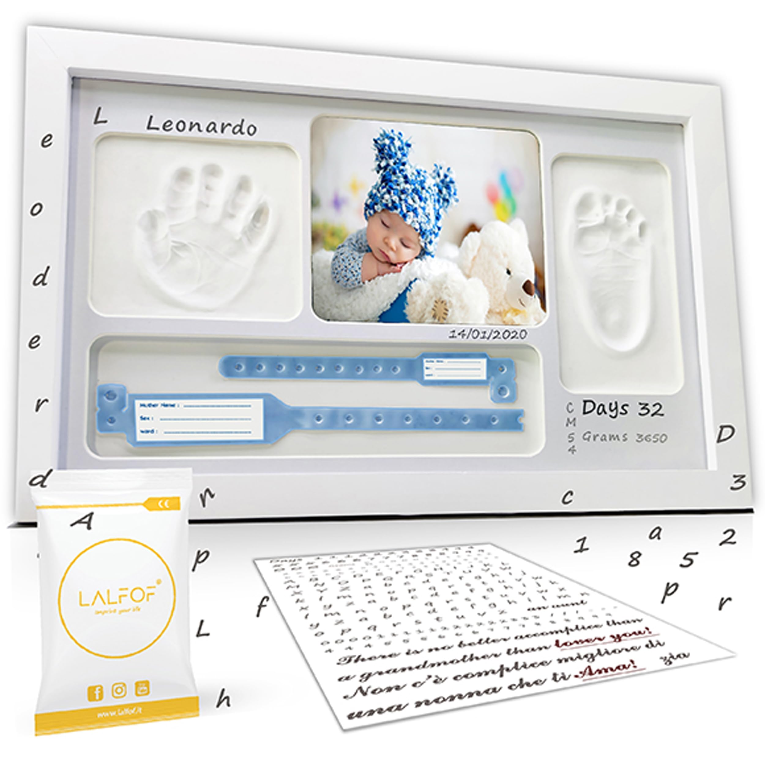 Lalfof® Cadre Empreinte Main Pied Bebe Personnalisable Avec NOM. Kit empreinte bebe. Idéal Comme Cadeau naissance garcon,Cadeau bebe naissance,Cadre empreinte bébé avec porte-bracelet de naissance