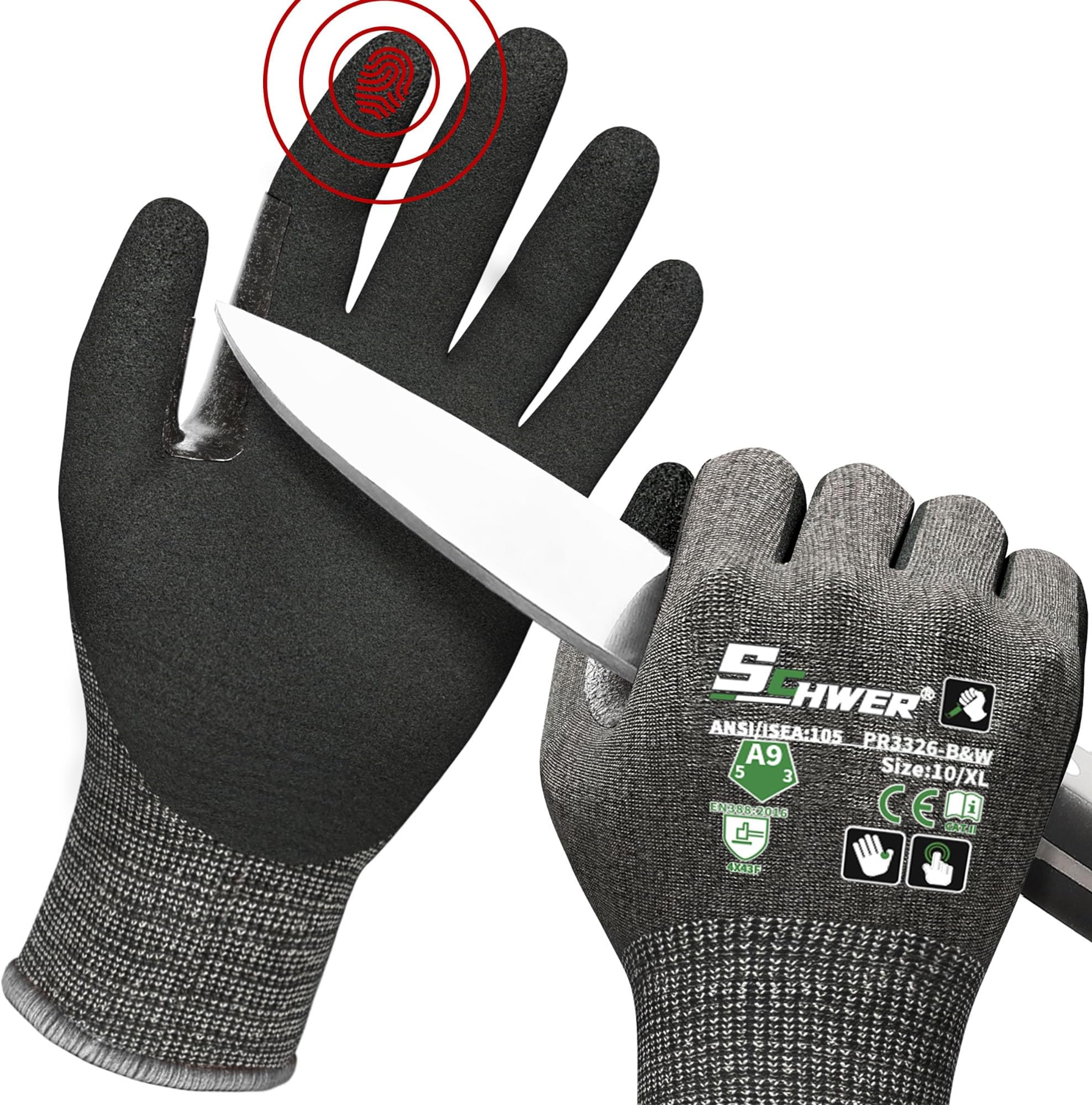 Schwer ProGuard Highest Level Cut Resistant Work Gloves PR3326 for Extreme Protection，ANSI A9 Cut Gloves with Reinforced Thumb, Non Slip, Breathable, Cooling, Durable, Touch-screen, Black 1 Pair（XL）