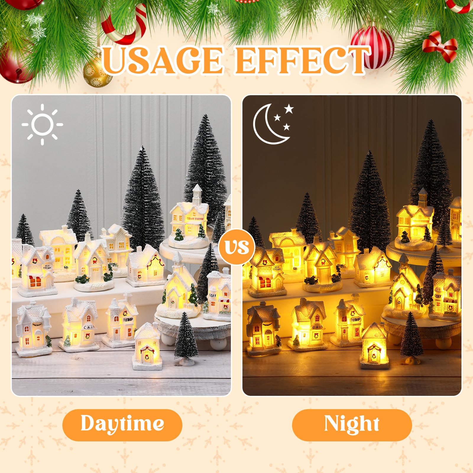 Vinsot Juego de 26 piezas de resina iluminada con 16 luces LED de Navidad, casas de pueblo de Navidad, 10 árboles de Navidad, batería para mesa, hogar, invierno, vacaciones, decoración de mantel