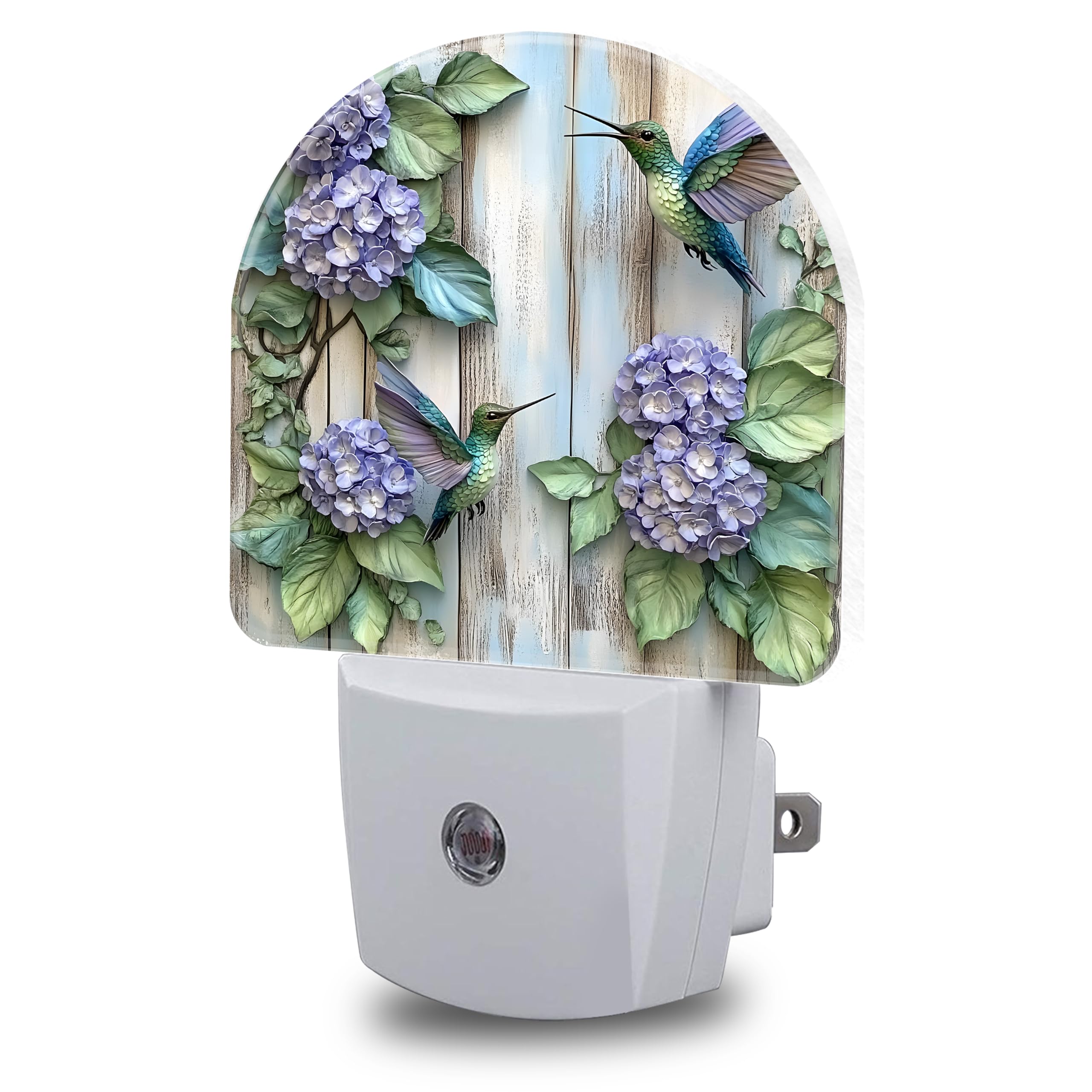 Night Lights Plug into Wall Hummingbirds and Hydrangea Flowers Night Light Dusk to Dawn Smart Sensor Decorative Round Led Lamp for Bedroom Kitchen Hallway Nightlight for Women Men