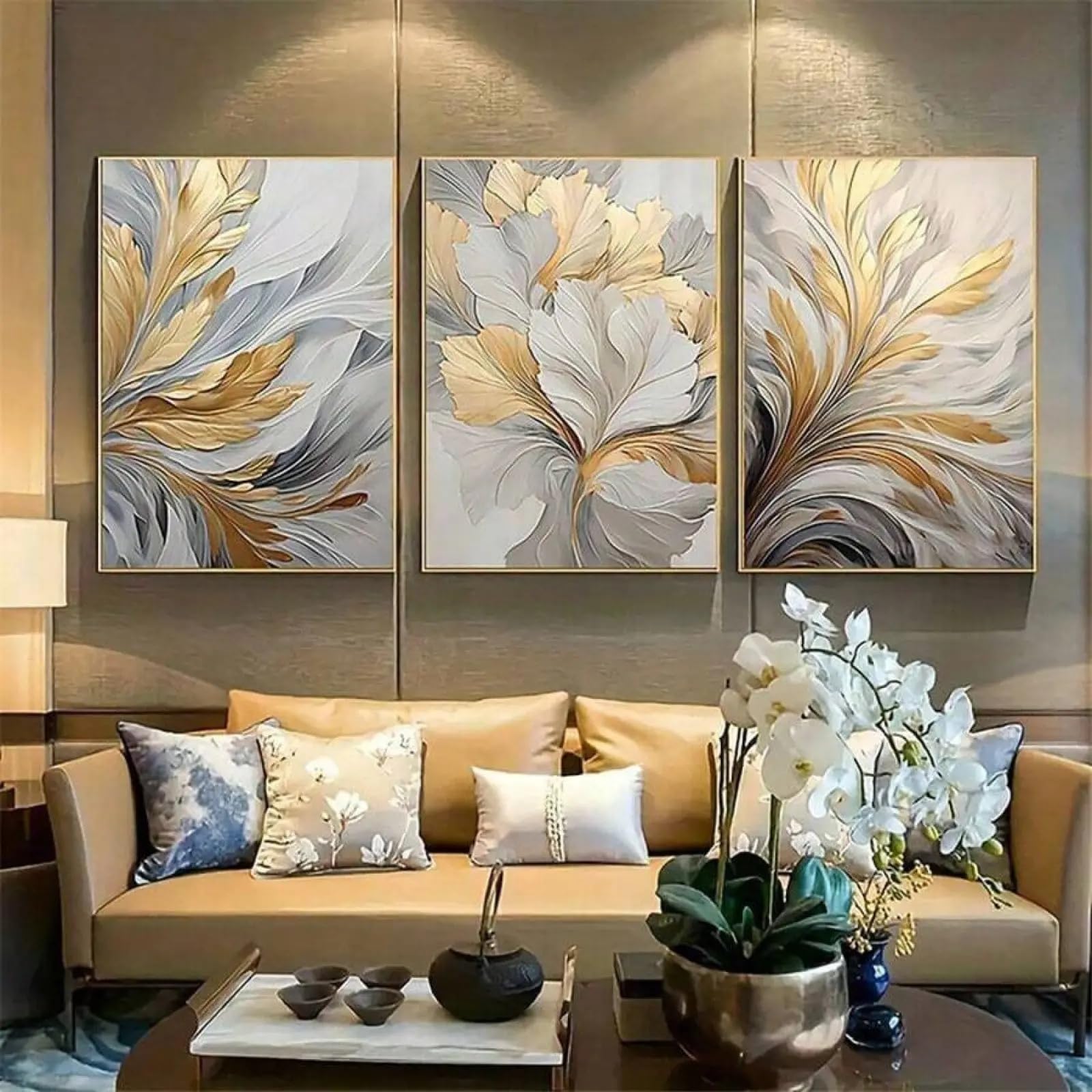 IEUUUA 3pcs Gorgeous Modern Style, Gold And Grey Flowers With Leaves Canvas Wall Art Modern Canvas Painting For Bedroom, Living Room 40x65cm(16x26in)