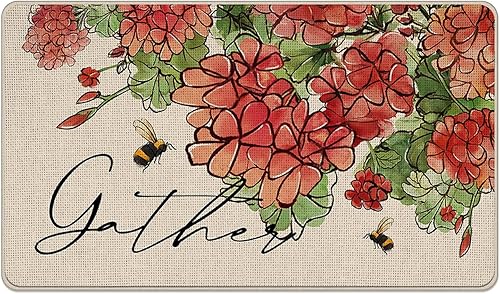 Tailus Tapete decorativo de primavera y verano con flores florales para puerta delantera, tapete de geranio rojo para interiores y exteriores,