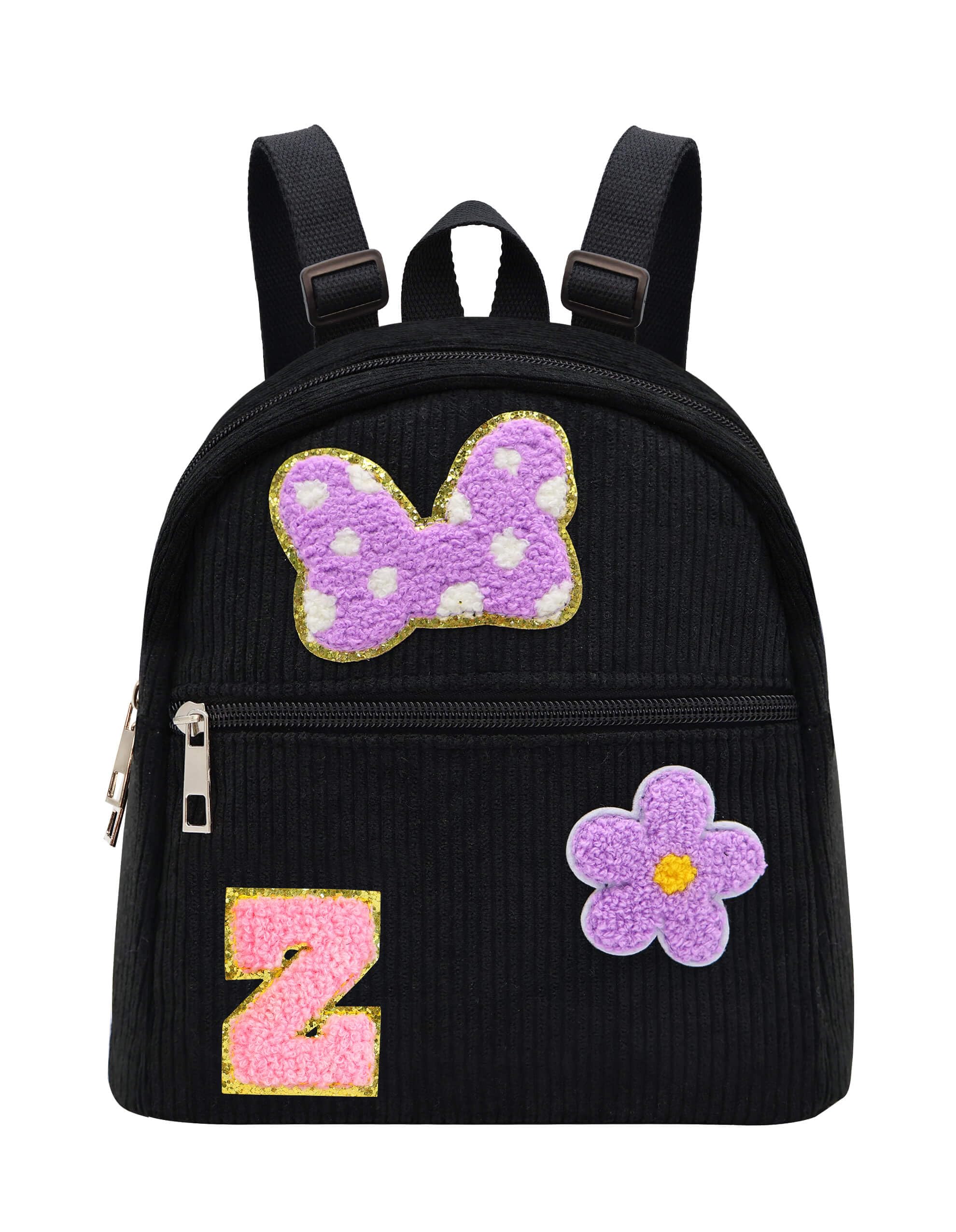 2 3 4 5 6 Year Old Girl Gifts Chenille Initial Mouse Bow Mini Backpack, Corduroy Toddler Backpacks Christmas Birthday Gifts for Girls 2-4 5-6, Black