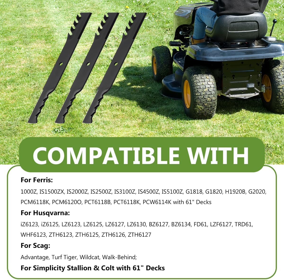 482879 Mulching Blades Set Replaces Scag 48111 481708 481712 482787 Ferris 1520842 Husqvarna 539101733, Compatible with IS1500ZX IS2000Z IS2500Z 61" Deck (3PACK)