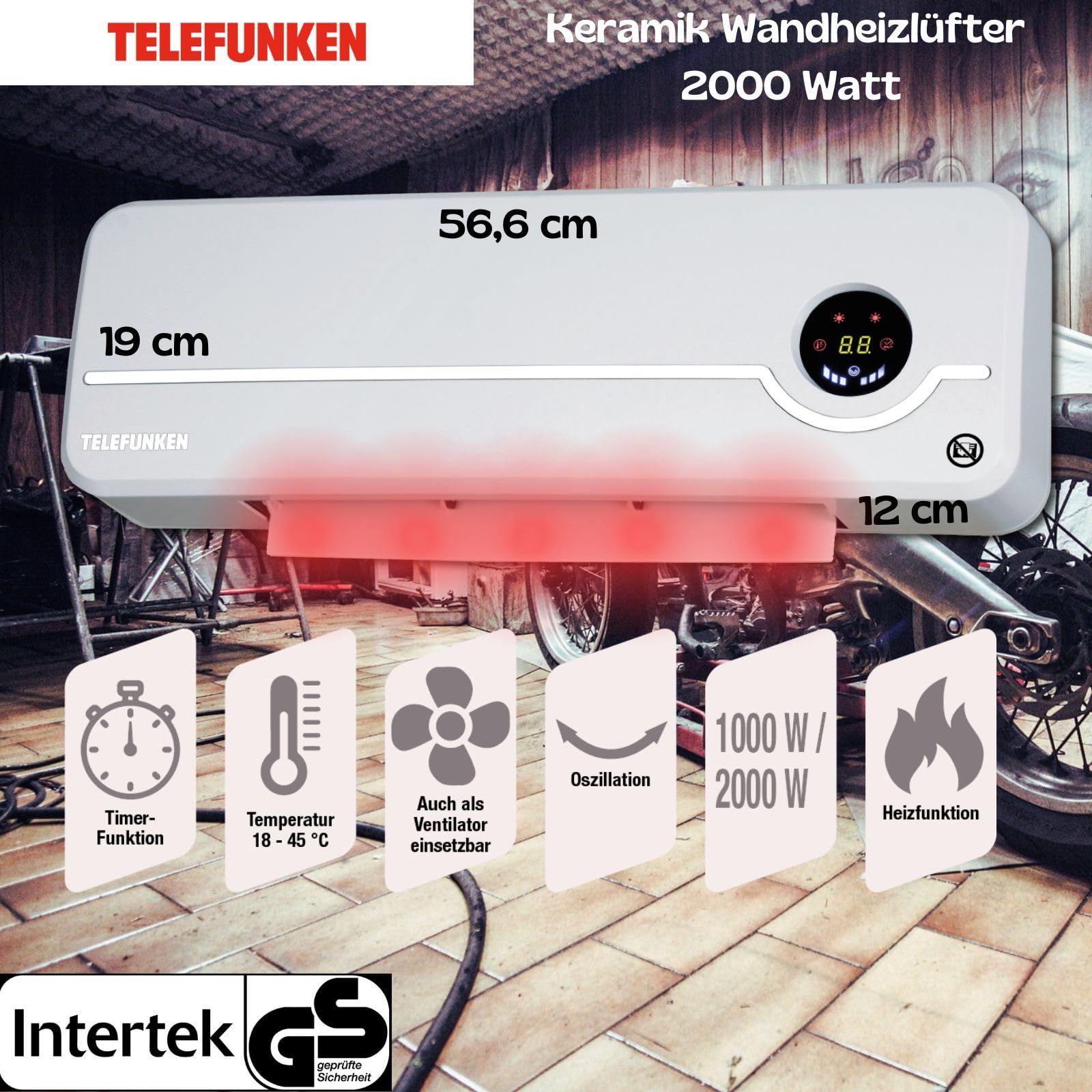 Telefunken TKWH 2000 Keramik-Wandheizlüfter mit Oszillation und Temperaturregelung