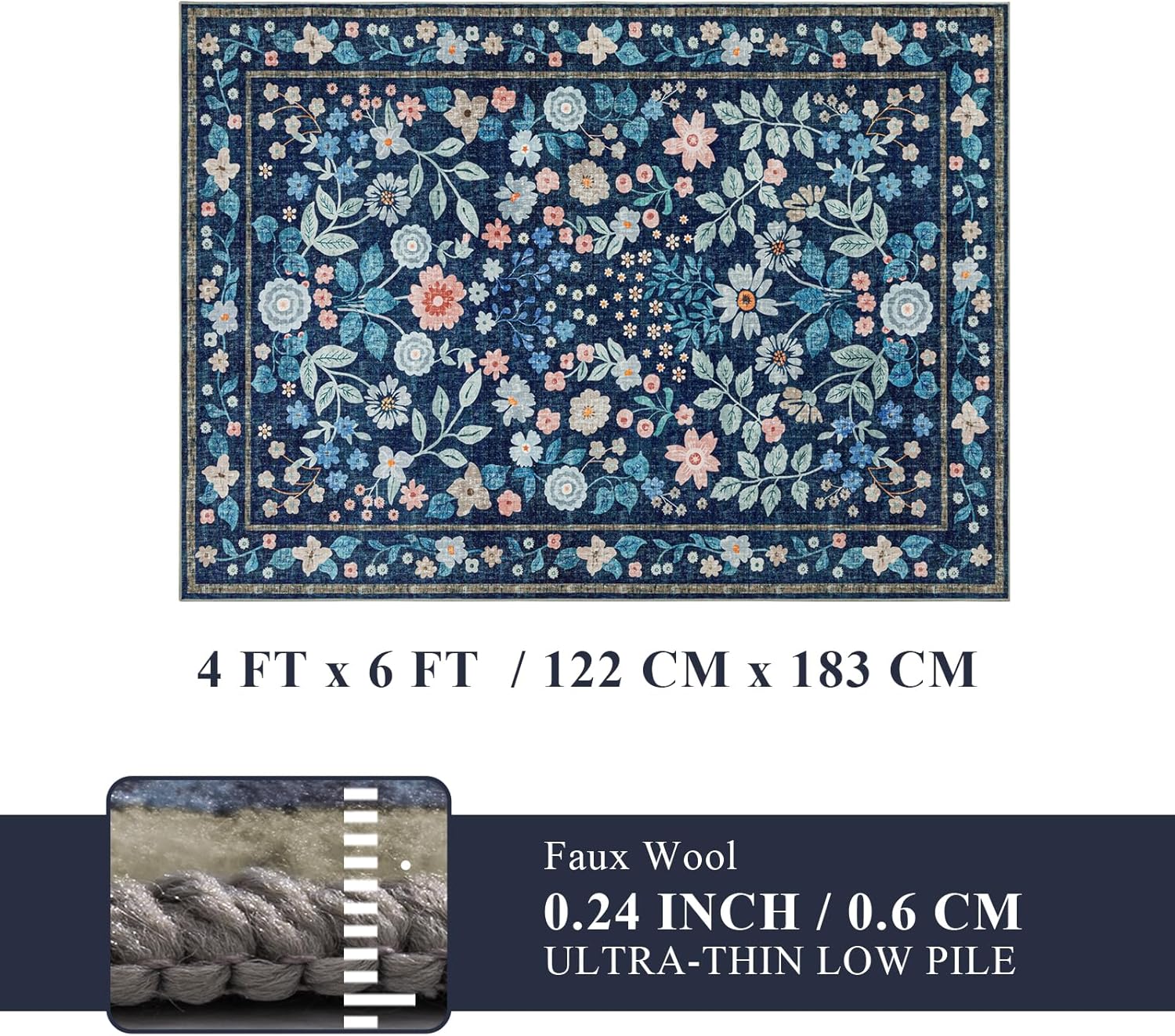 YIHOUSE 4x6 Blue Area Rug, Washable Bedroom Rug Floral Non Slip Soft, Colorful Flower Throw Carpet for Nursery Dorm Kids Room Playroom Girls Room Dark Blue,4'x6'