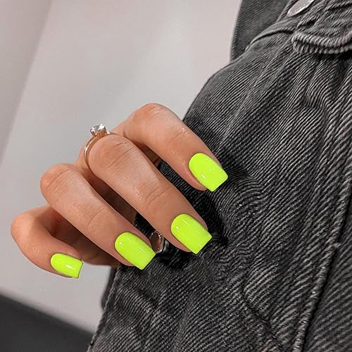 KQueenest Neon Green Press on Nails Short Medium Square Glue