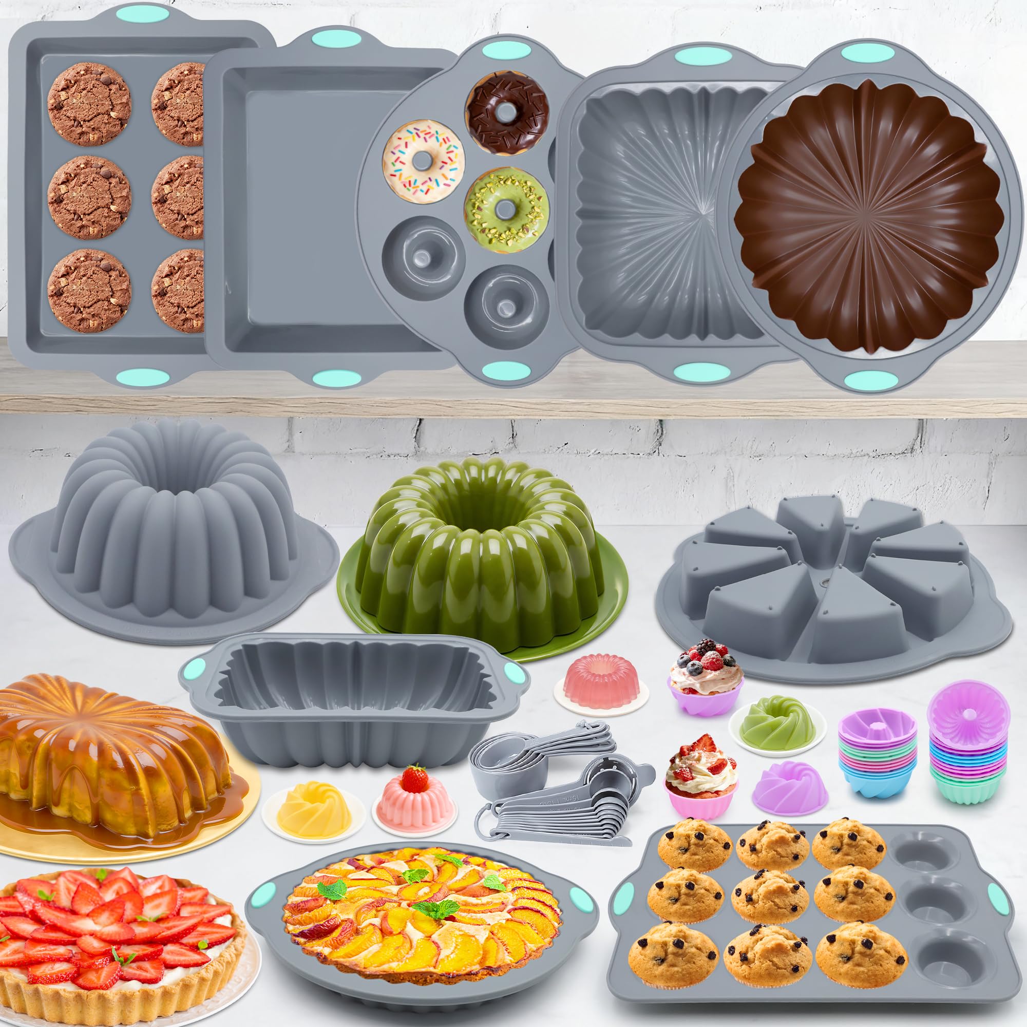 To encounter Juego de 51 moldes de silicona para hornear, antiadherentes con moldes para hornear, molde de dona reutilizable, moldes de silicona de grado alimenticio para pasteles, galletas