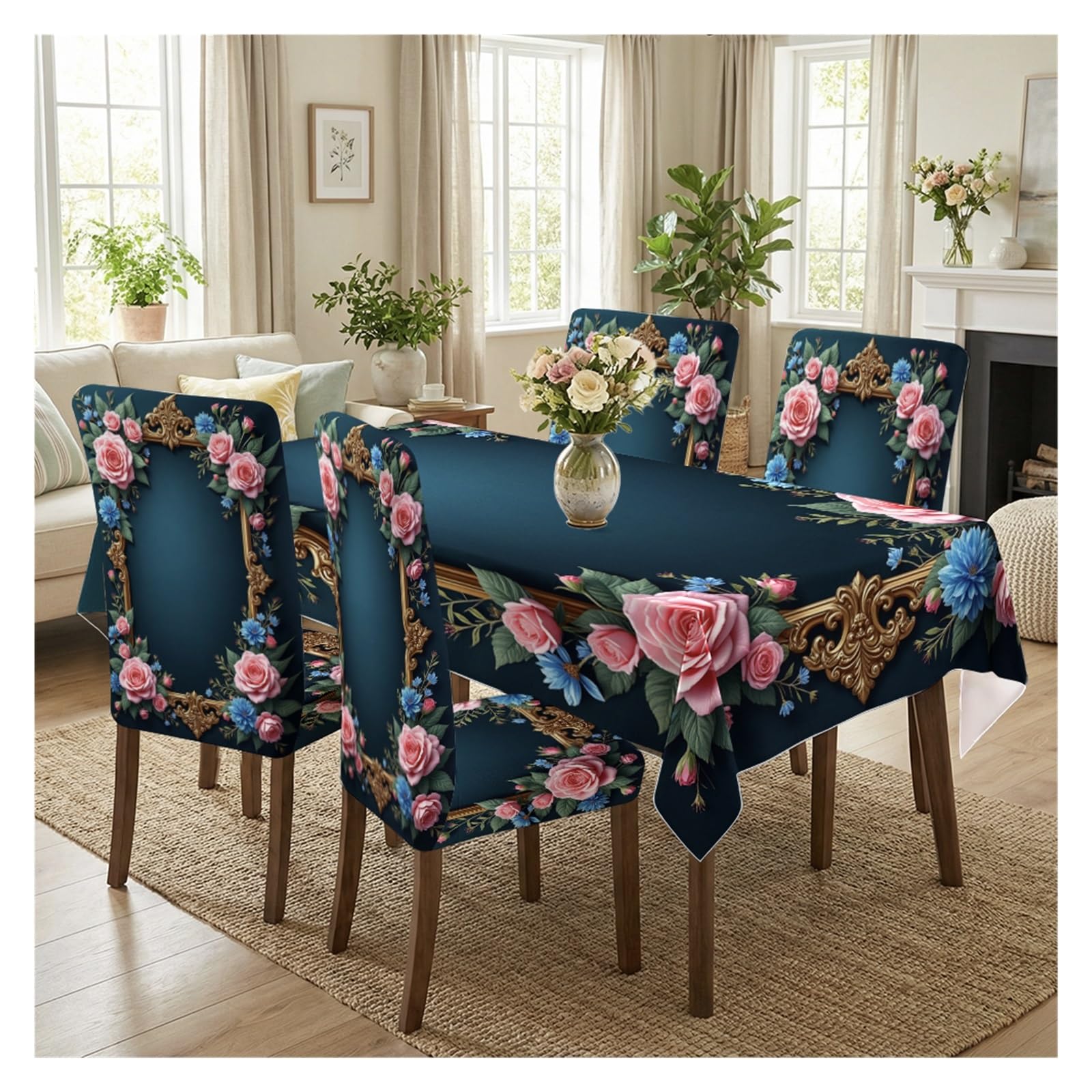 KXUAUV Gothic Retro Baroque Floral Print Stretch Chair Covers & Tablecloth Set, For Wedding Banquet Dining Room Home Decor, 5/7 Pack Party Decor(5pcs Set: Tablecloth+Chair Covers)