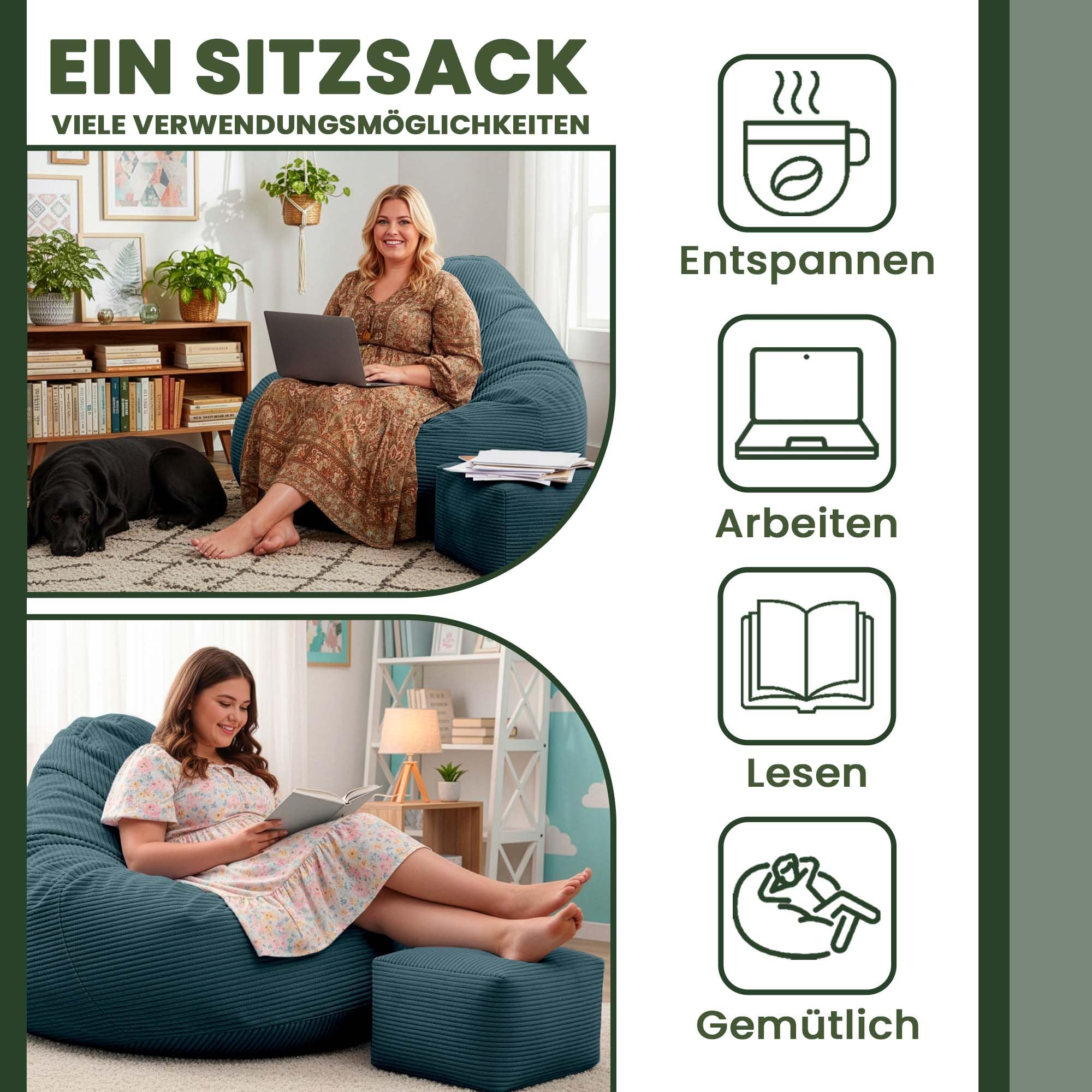 DreamRoots Sitzsack Erwachsene Cord oder Kinder - Bean Bag Sofa - Sitzsack Cord mit Hocker und Bezug - Sitzsäcke mit Füllung 90x90x100 cm Ocean Depths