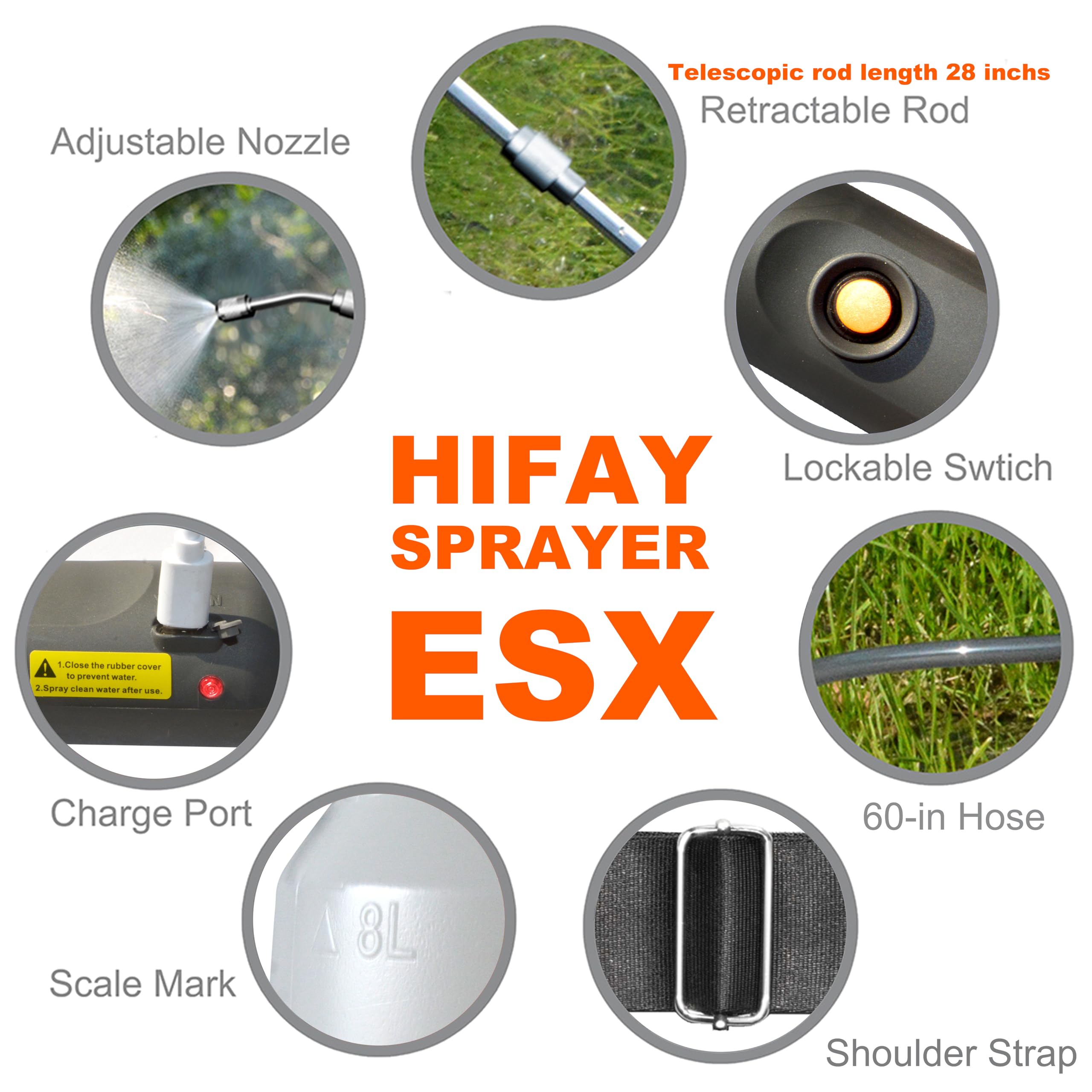 HIFAY ESX-8 - Pulverizador eléctrico, pulverizador de jardín de 2 galones, pulverizador de malezas en césped y jardín, pulverizador recargable a batería con varita telescópica, rociador de plantas