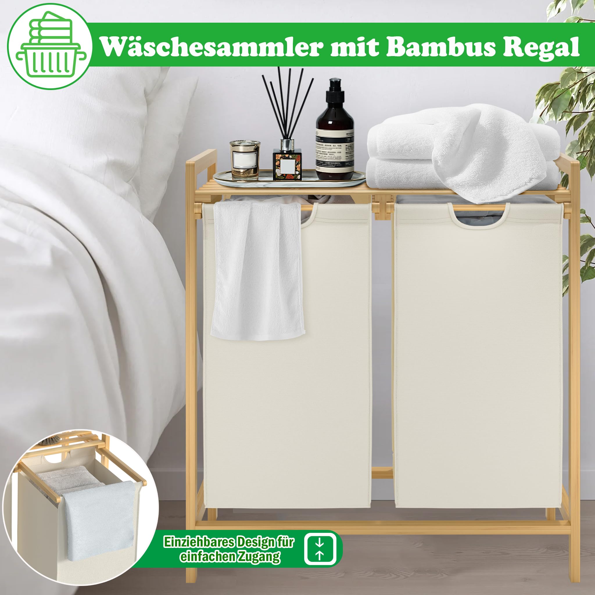SUBTLETY 2x36L Wäschekorb aus Oxford-Gewebe 2 Fächer Abnehmbar Wäschesammler mit Ablage & Bambusrahmen Wäschesack Ausziehbar Wäschesortierer Effiziente Wäscheaufbewahrung für Waschküche (Beige)