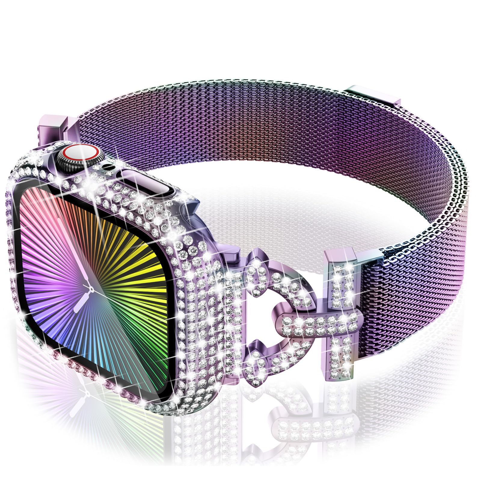 WINGLE Milanese Loop for Apple Watch Bands Series 10 42mm Women Slim Magnetic Metal Mesh Band with Bling Glitter Case Screen Protector Dressy Apple Watch Band iWatch Strap for Woman, Iridescent