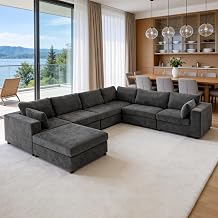 Oversized Sectional Sofa Set, Extra Large Modular Couch with Ottoman, Premium Linen Cloud Couch Deep Seat Sofa Cushion Covers Removable for Living Room 6 Seater+1 Ottoman Grey