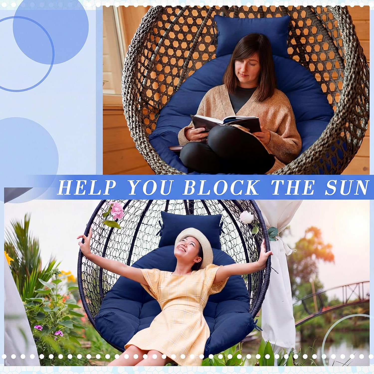 Tudomro Waterproof Egg Chair Cushion with Pillow Filling 2.58 kg Replacement Rocking Wicker Chair Cushion 48" x 32" High Back Hanging Swing Hammock Pad Thicken for Outdoor Patio Garden(Navy Blue)