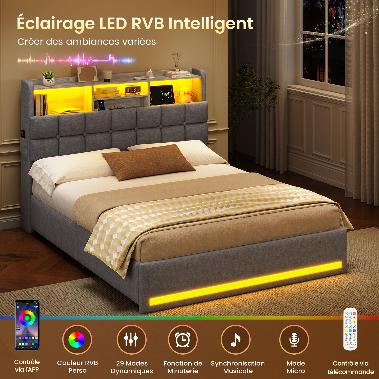 AOGLLATI Lit Coffre 140x190, Lit 140x190 avec Sommier à Lattes en Bois Capitonné avec Multiprise et Ruban LED, 5 Compartiments et Rangement sous Sommier, sans Matelas, Lin Gris Foncé