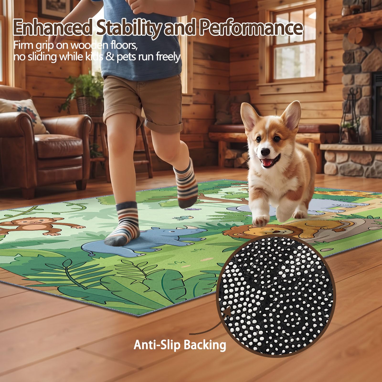 Tapis Salon Cartoon, Moquette Lavable en Machine, 90 x 120 cm | Animal Lion Éléphant Tapis avec Dessous Antidérapant, Tapise Décoratif pour Chambre, Cuisine, Entrée et Maison,Vert