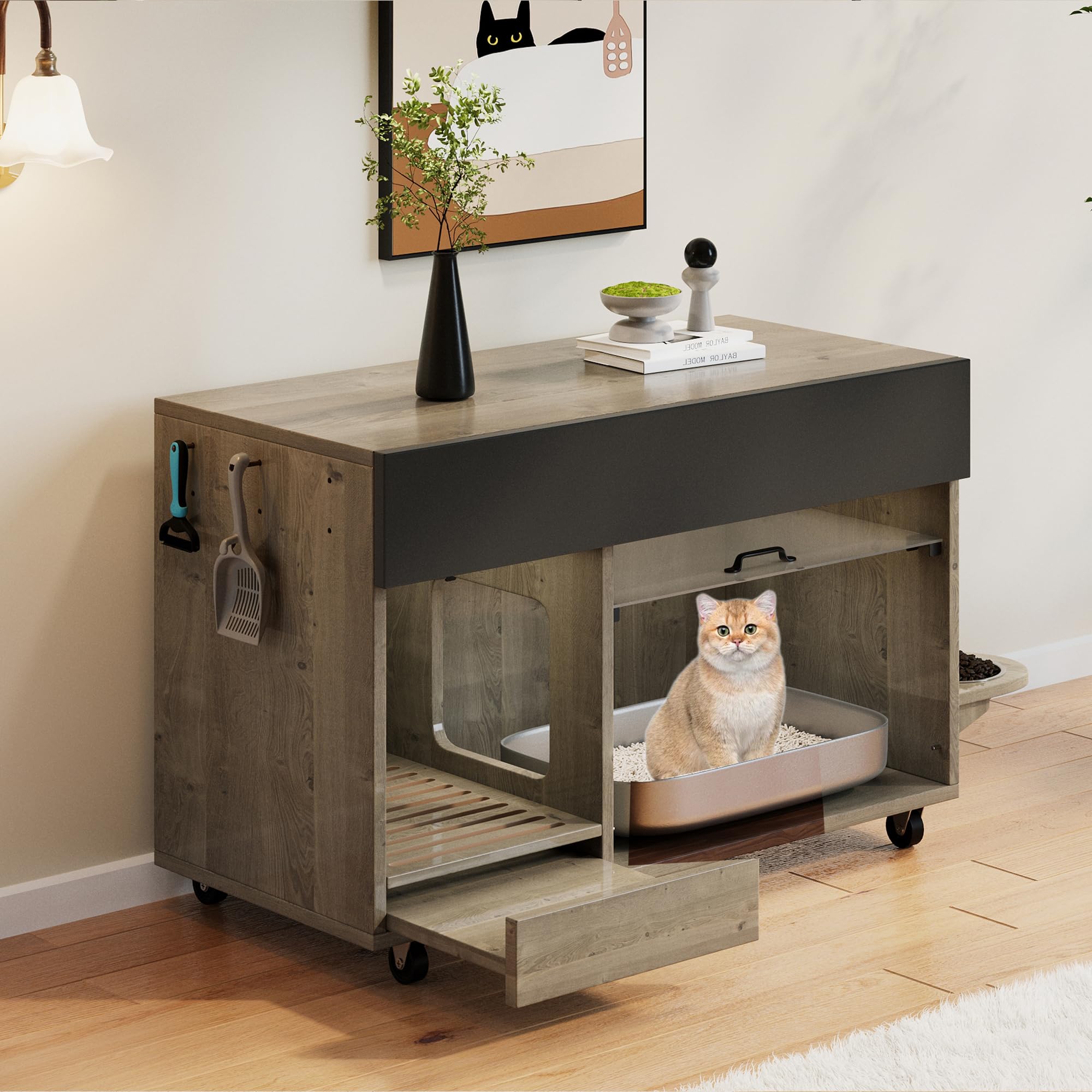 SUKY Armario para gatos móvil con platos para comida, bandeja para sandauffangle, placa perforada con ganchos, sin caja de arena, 100 × 45,5 × 67 cm, color marrón envejecido, madera de roble