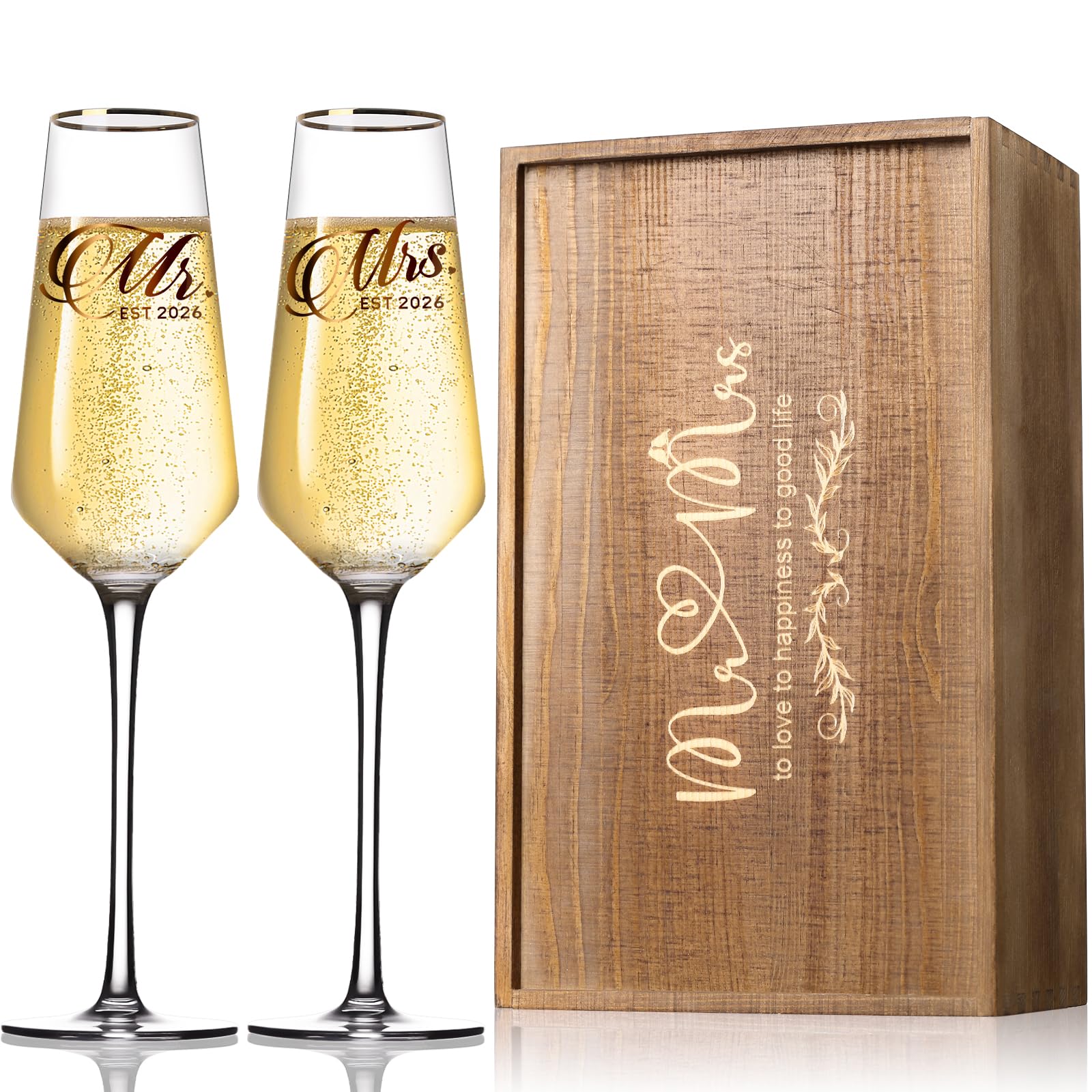 Juego de 2 copas de champán de boda, sopladas a mano, copas de champán para novia y novio, copas de champán para boda, compromiso, aniversario, despedida de soltera (juego de caja conmemorativa)