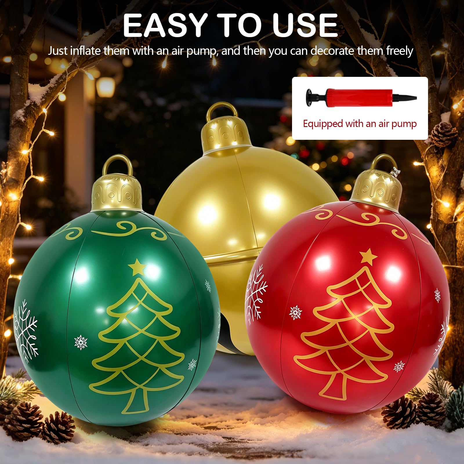Boules de Noël Gonflables 60 cm, Lot de 3 Grandes Décorations | avec Pompe à Main et Rustines de Réparation, Boules de Noël Réutilisables pour Maison, Fête et Décoration de Noël